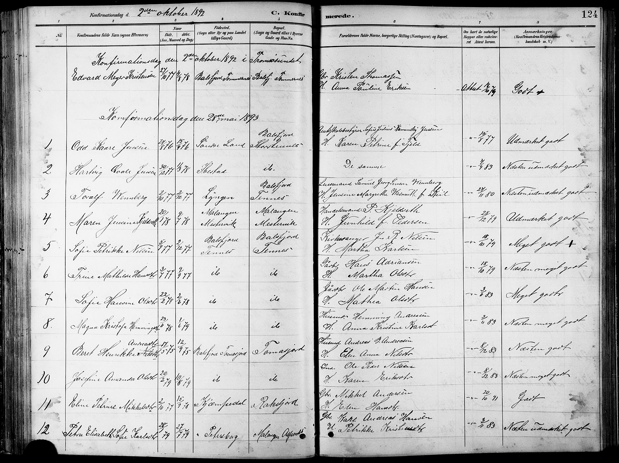 Balsfjord sokneprestembete, SATØ/S-1303/G/Ga/L0008klokker: Parish register (copy) no. 8, 1890-1906, p. 124