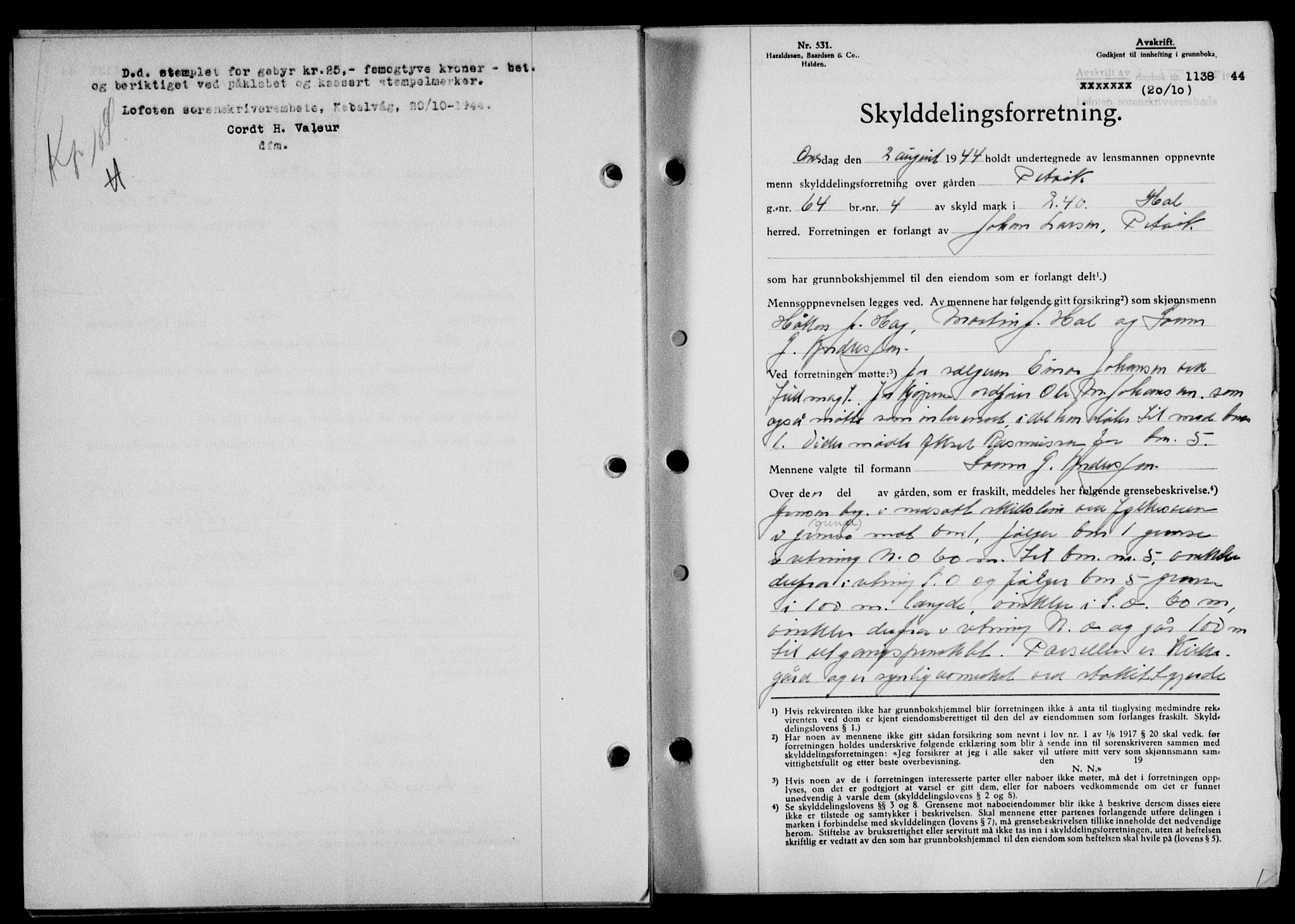 Lofoten sorenskriveri, SAT/A-0017/1/2/2C/L0012a: Mortgage book no. 12a, 1943-1944, Diary no: : 1138/1944