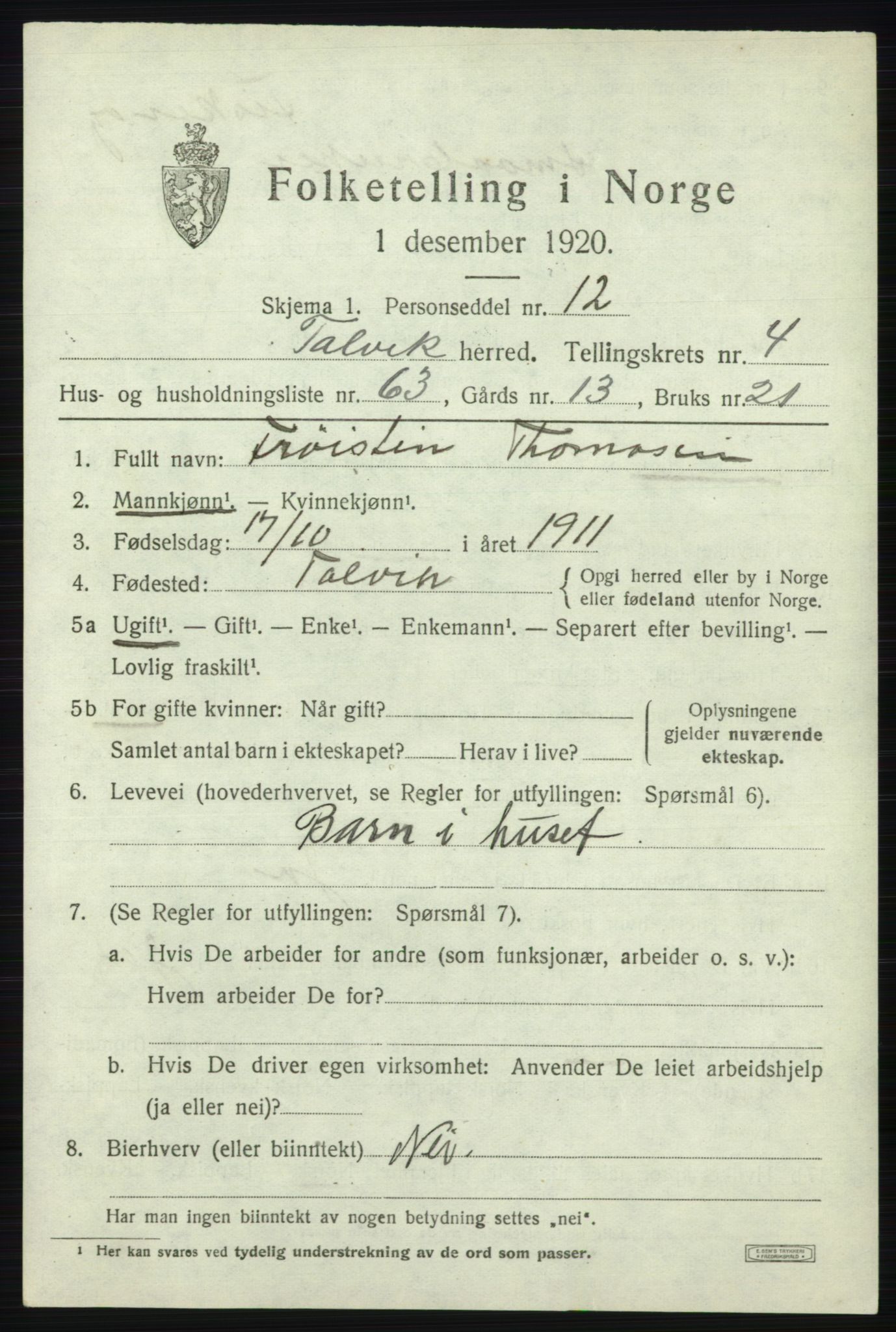 SATØ, 1920 census for Talvik, 1920, p. 3338