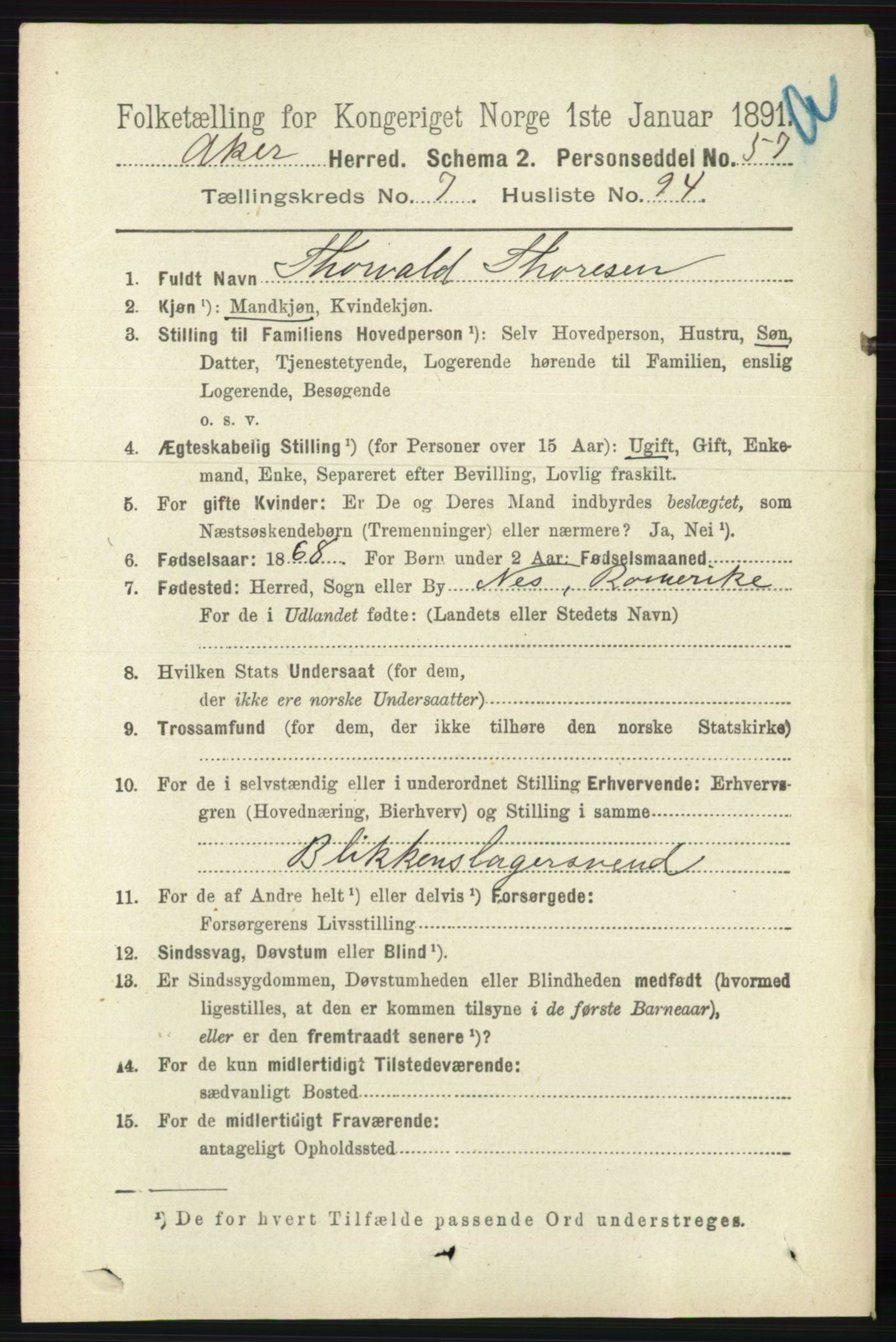 RA, 1891 census for 0218 Aker, 1891, p. 7100