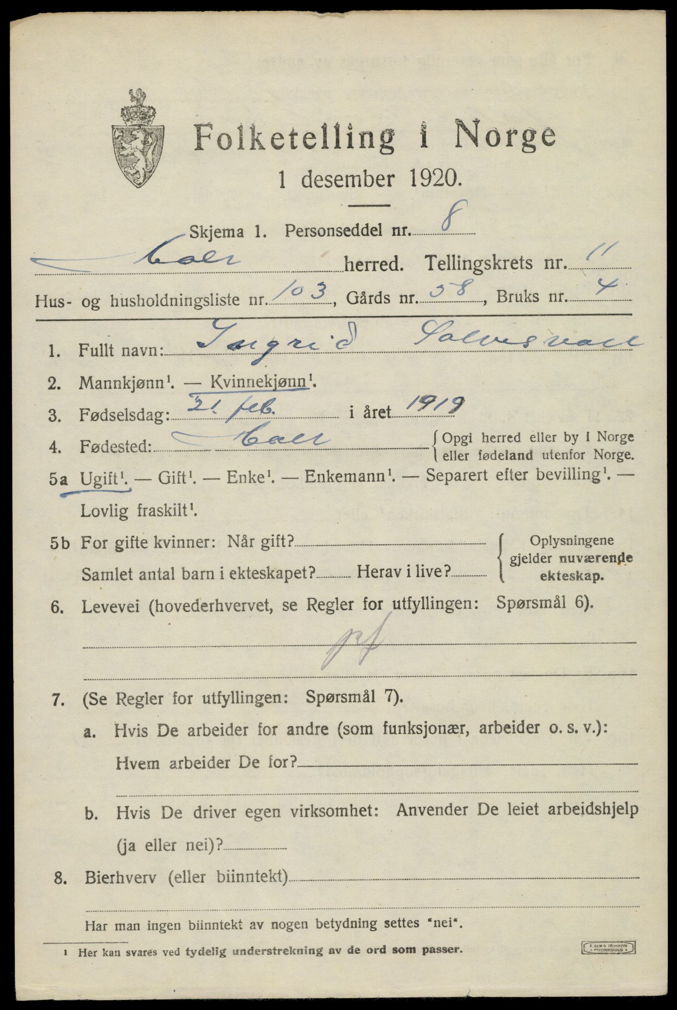 SAK, 1920 census for Holt, 1920, p. 7126