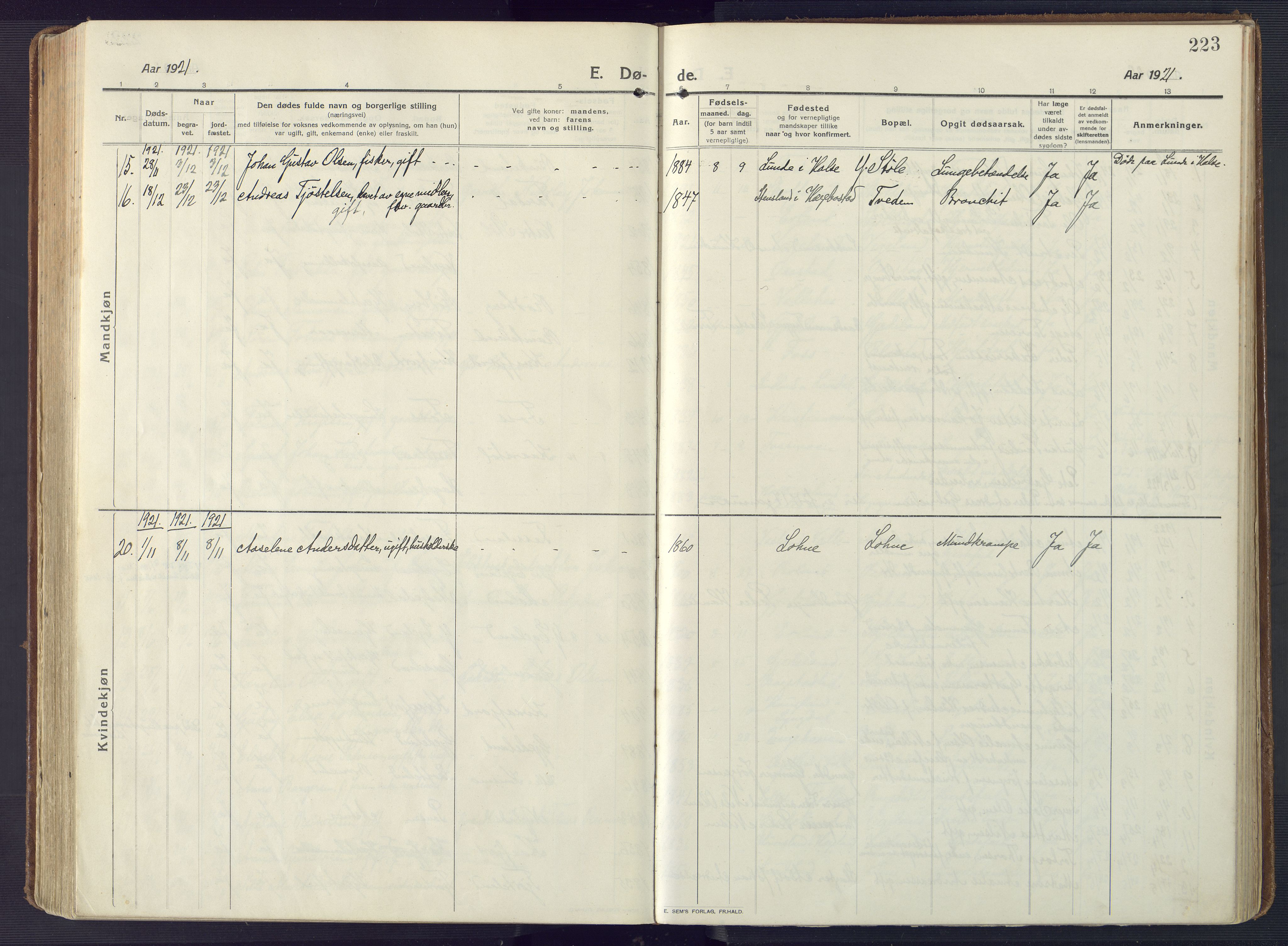 Sør-Audnedal sokneprestkontor, AV/SAK-1111-0039/F/Fa/Fab/L0011: Parish register (official) no. A 11, 1912-1938, p. 223