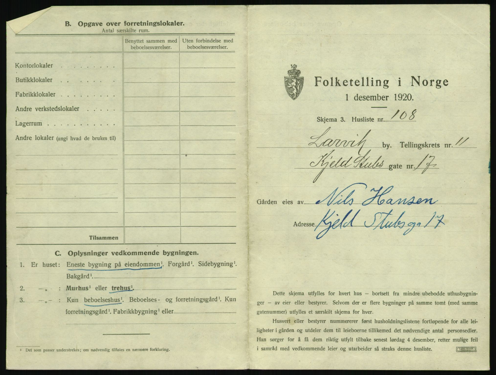 SAKO, 1920 census for Larvik, 1920, p. 2846