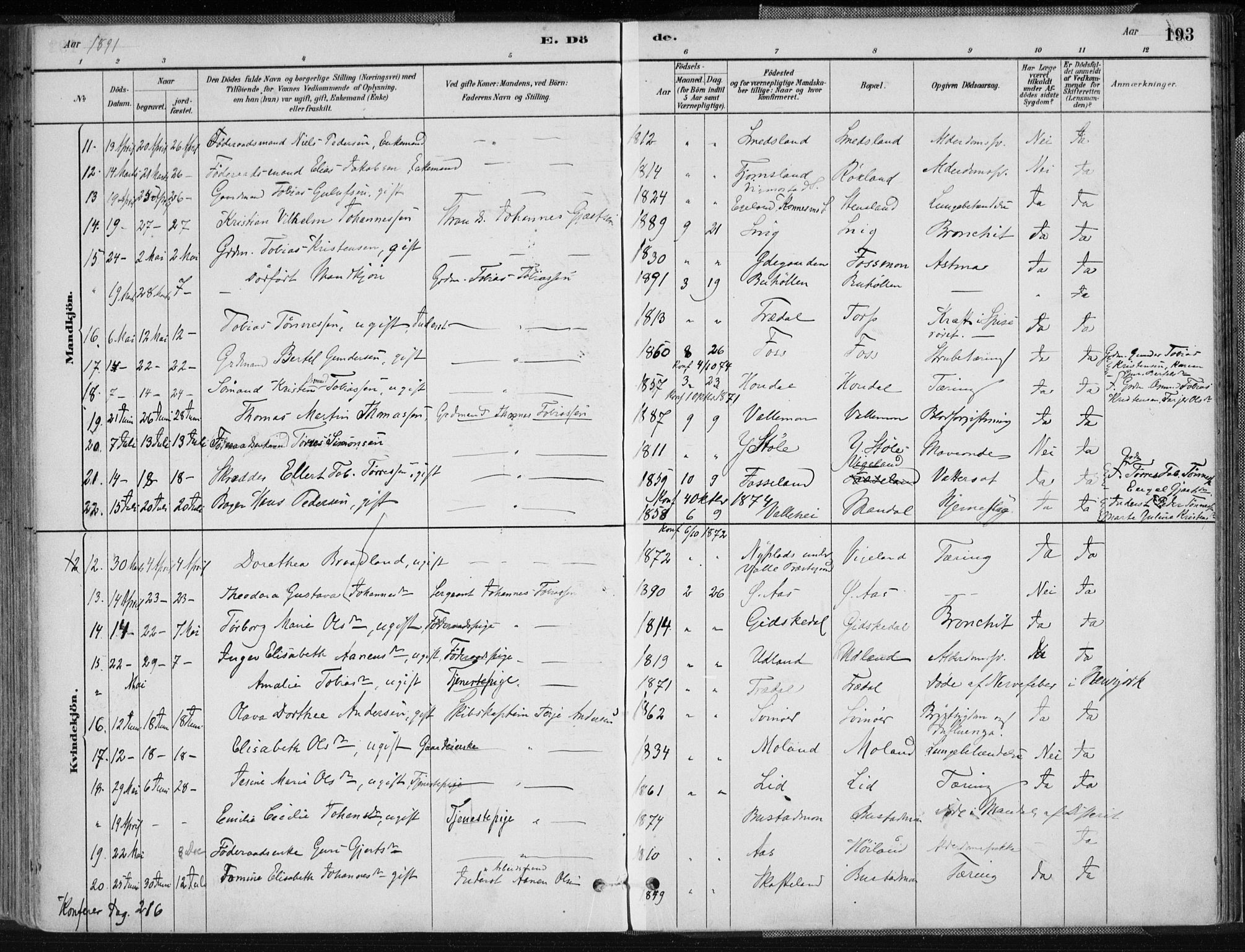 Sør-Audnedal sokneprestkontor, AV/SAK-1111-0039/F/Fa/Fab/L0009: Parish register (official) no. A 9, 1880-1895, p. 193