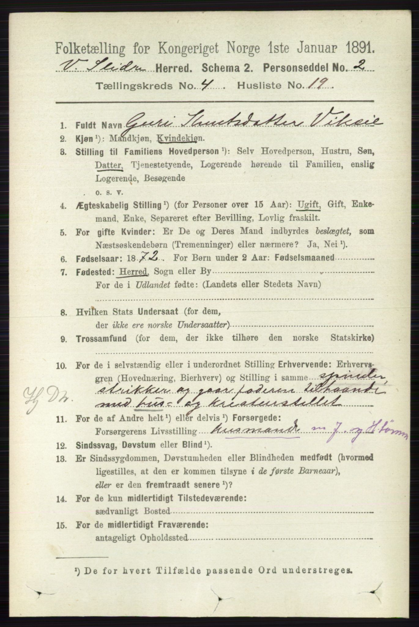 RA, 1891 census for 0543 Vestre Slidre, 1891, p. 1357