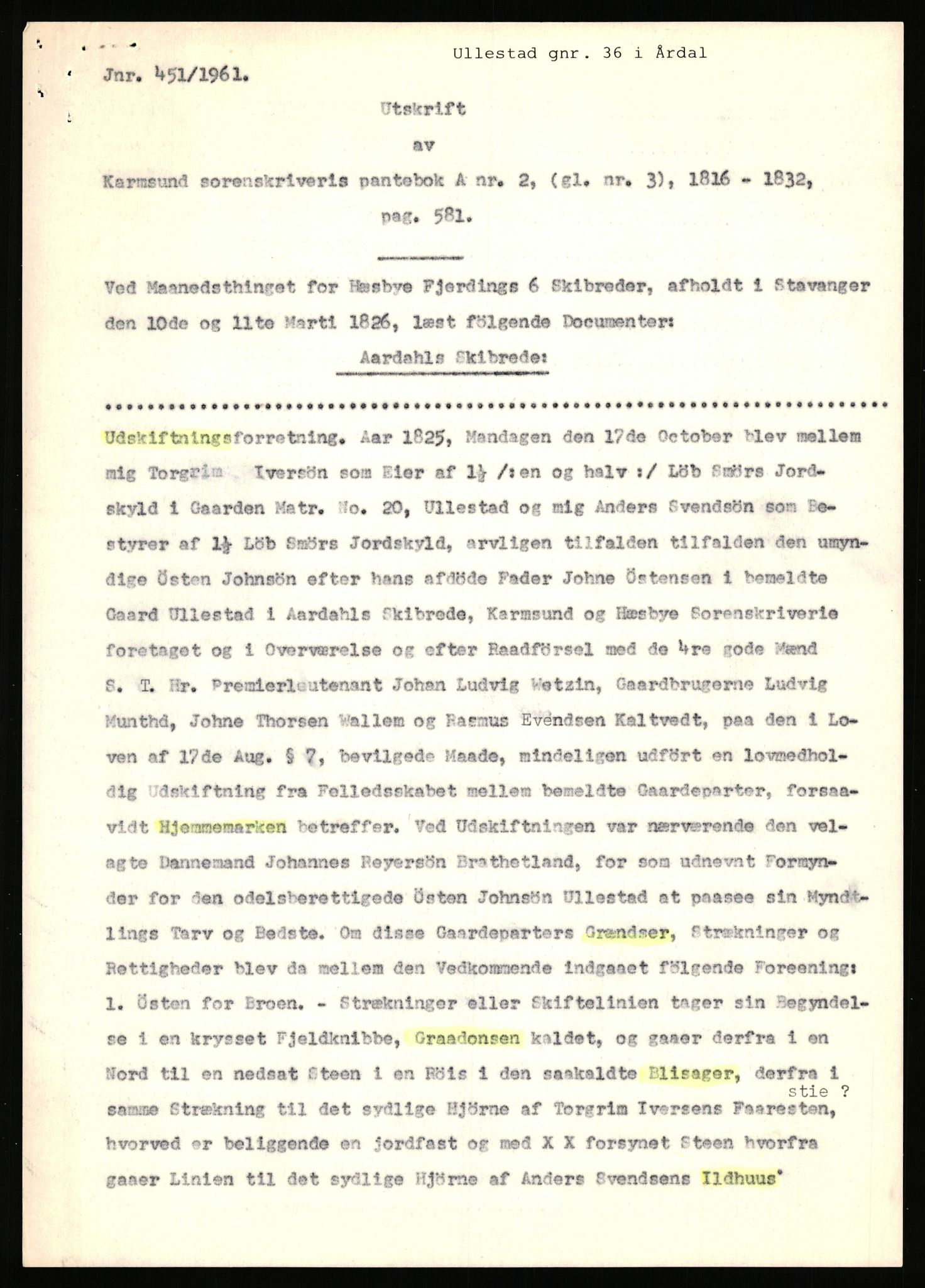 Statsarkivet i Stavanger, AV/SAST-A-101971/03/Y/Yj/L0090: Avskrifter sortert etter gårdsnavn: Tøtland - Underberge, 1750-1930, p. 505