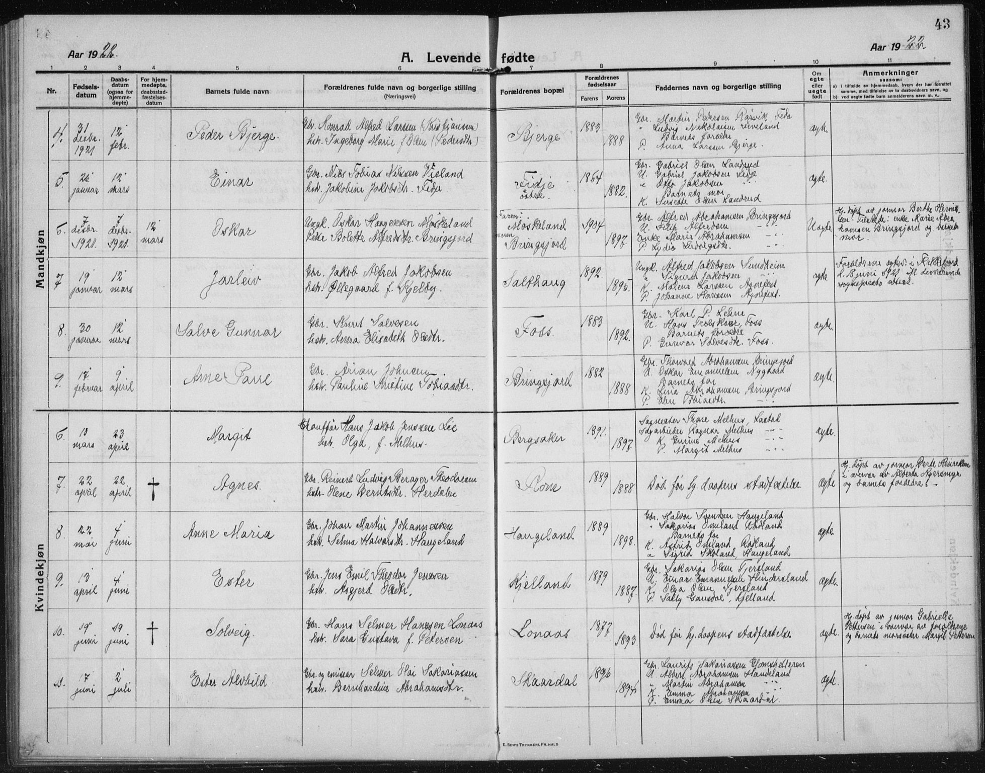 Lyngdal sokneprestkontor, AV/SAK-1111-0029/F/Fb/Fbc/L0006: Parish register (copy) no. B 6, 1914-1934, p. 43