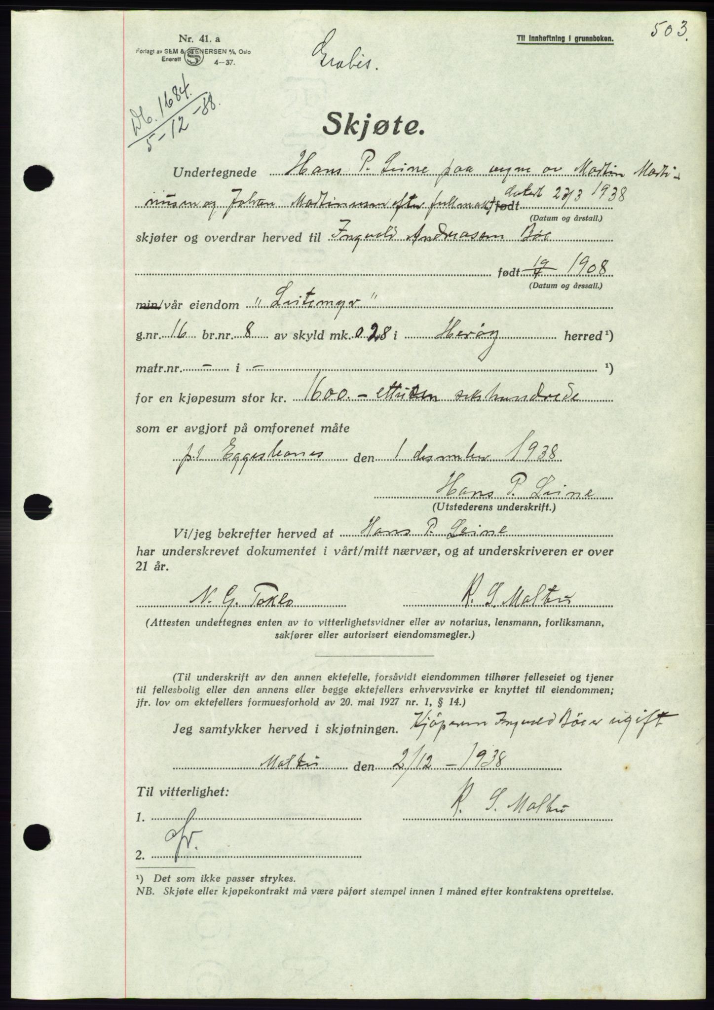 Søre Sunnmøre sorenskriveri, AV/SAT-A-4122/1/2/2C/L0066: Mortgage book no. 60, 1938-1938, Diary no: : 1684/1938