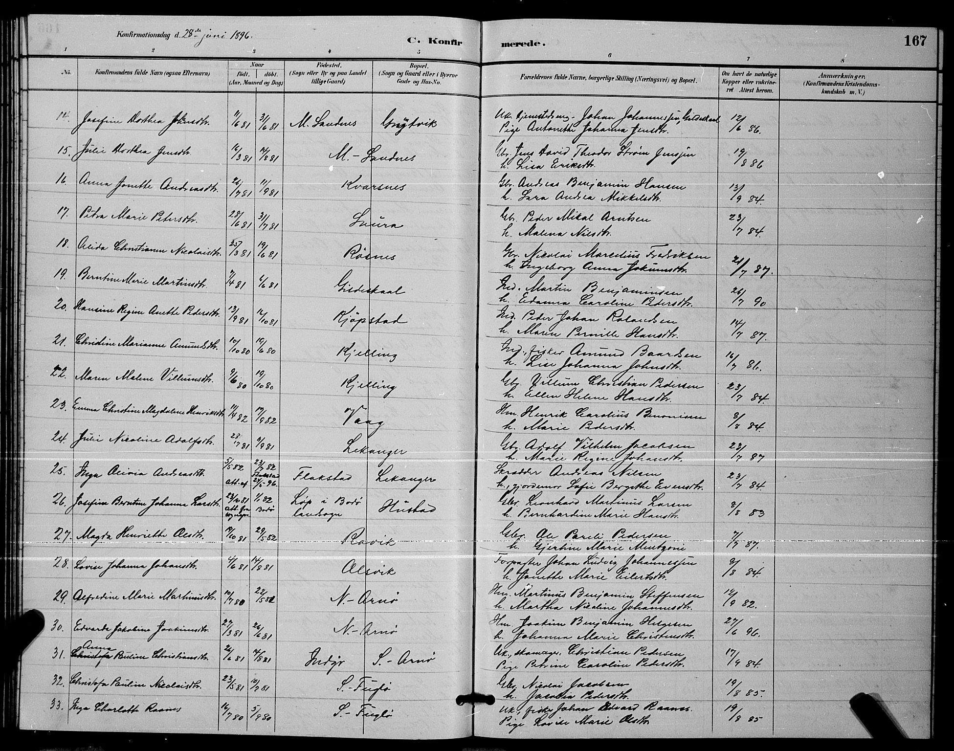 Ministerialprotokoller, klokkerbøker og fødselsregistre - Nordland, AV/SAT-A-1459/805/L0108: Parish register (copy) no. 805C04, 1885-1899, p. 167