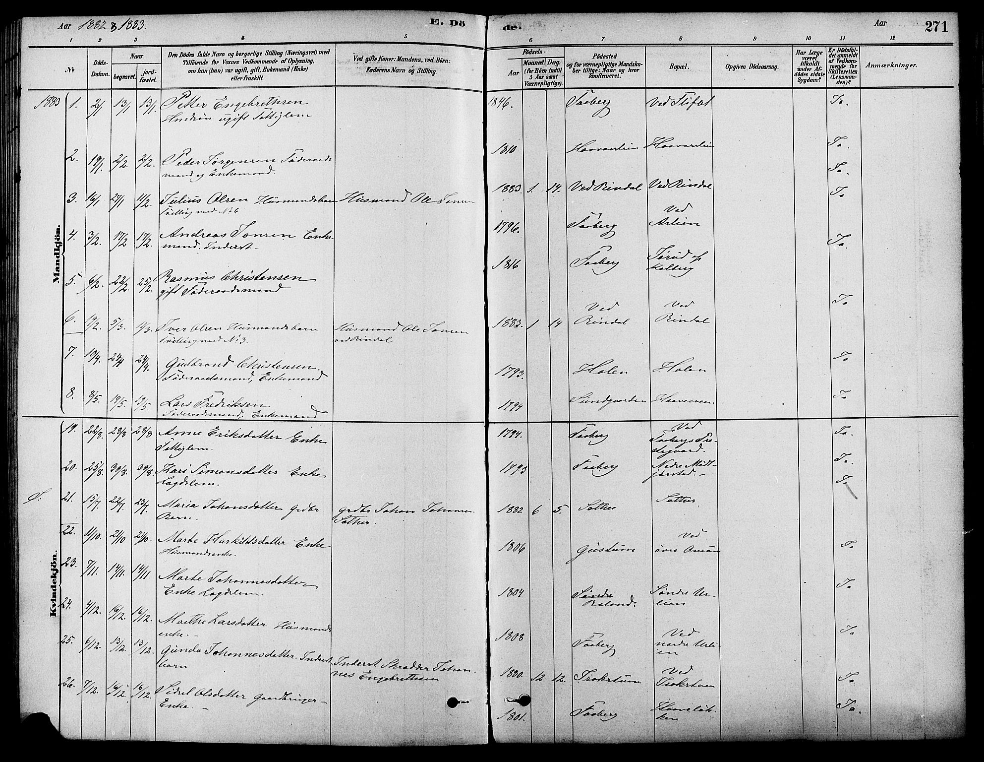 Fåberg prestekontor, SAH/PREST-086/H/Ha/Haa/L0008: Parish register (official) no. 8, 1879-1898, p. 271