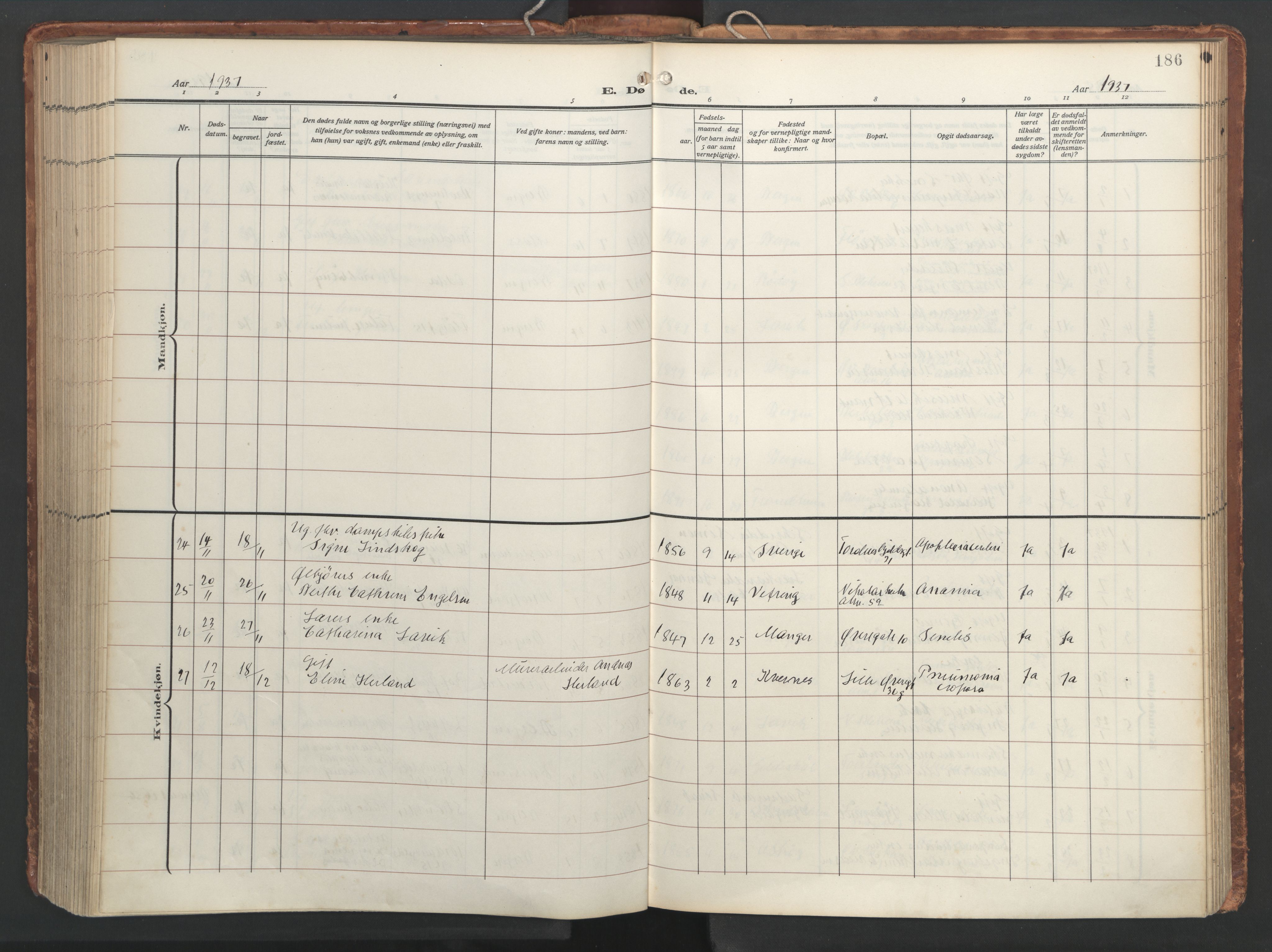 Korskirken sokneprestembete, AV/SAB-A-76101/H/Hab: Parish register (copy) no. E 5, 1910-1956, p. 185b-186a