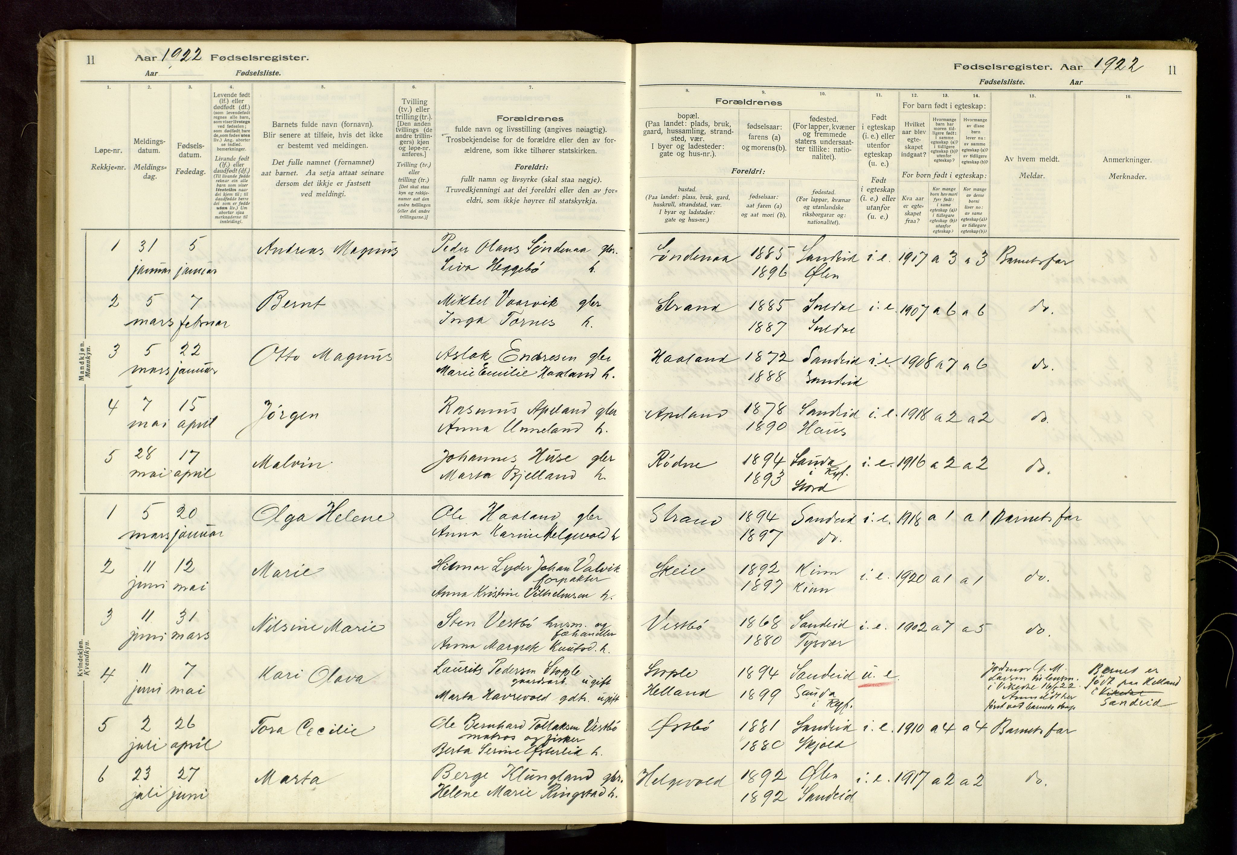 Vikedal sokneprestkontor, AV/SAST-A-101840/01/II: Birth register no. 4, 1916-1982, p. 11