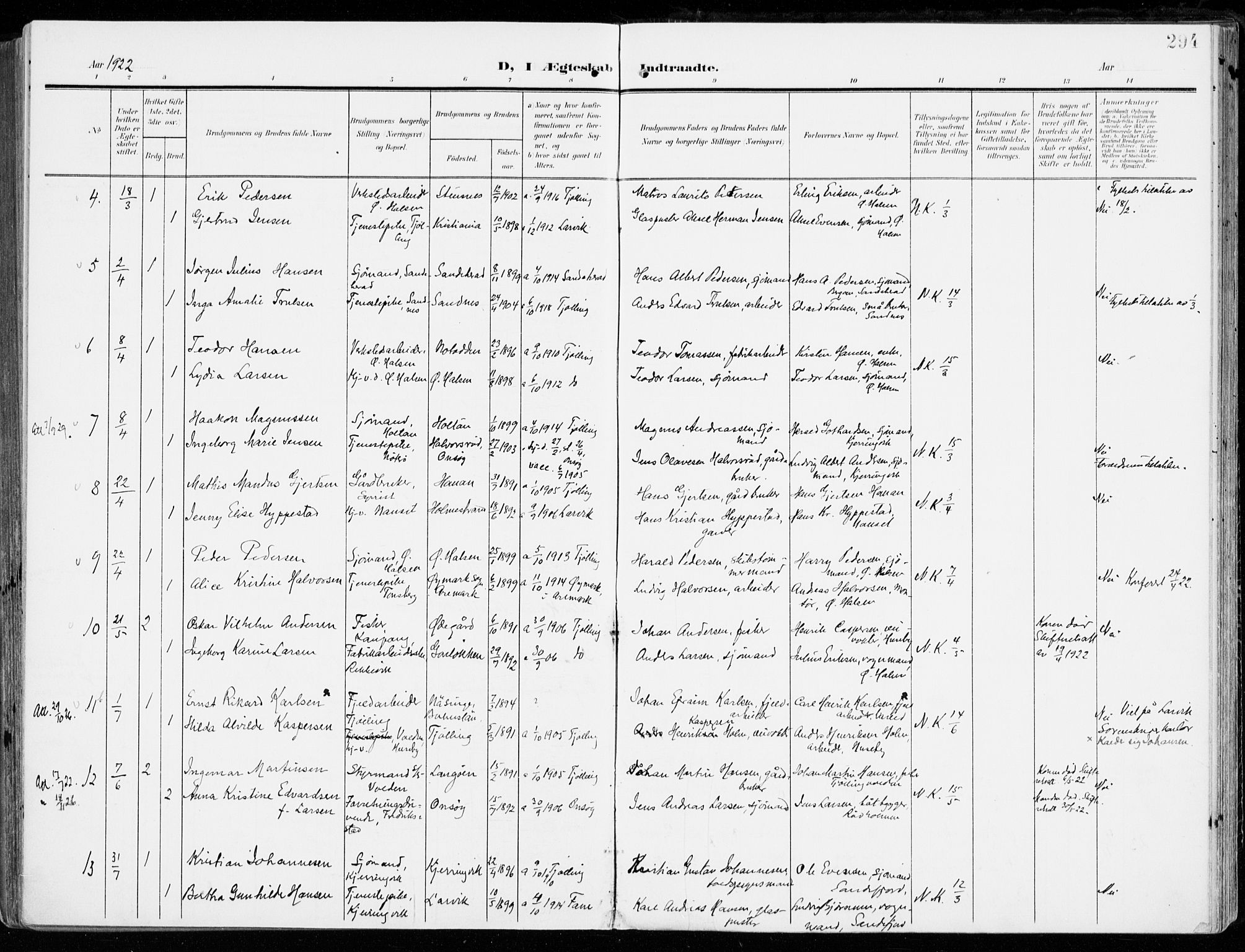 Tjølling kirkebøker, AV/SAKO-A-60/F/Fa/L0010: Parish register (official) no. 10, 1906-1923, p. 294