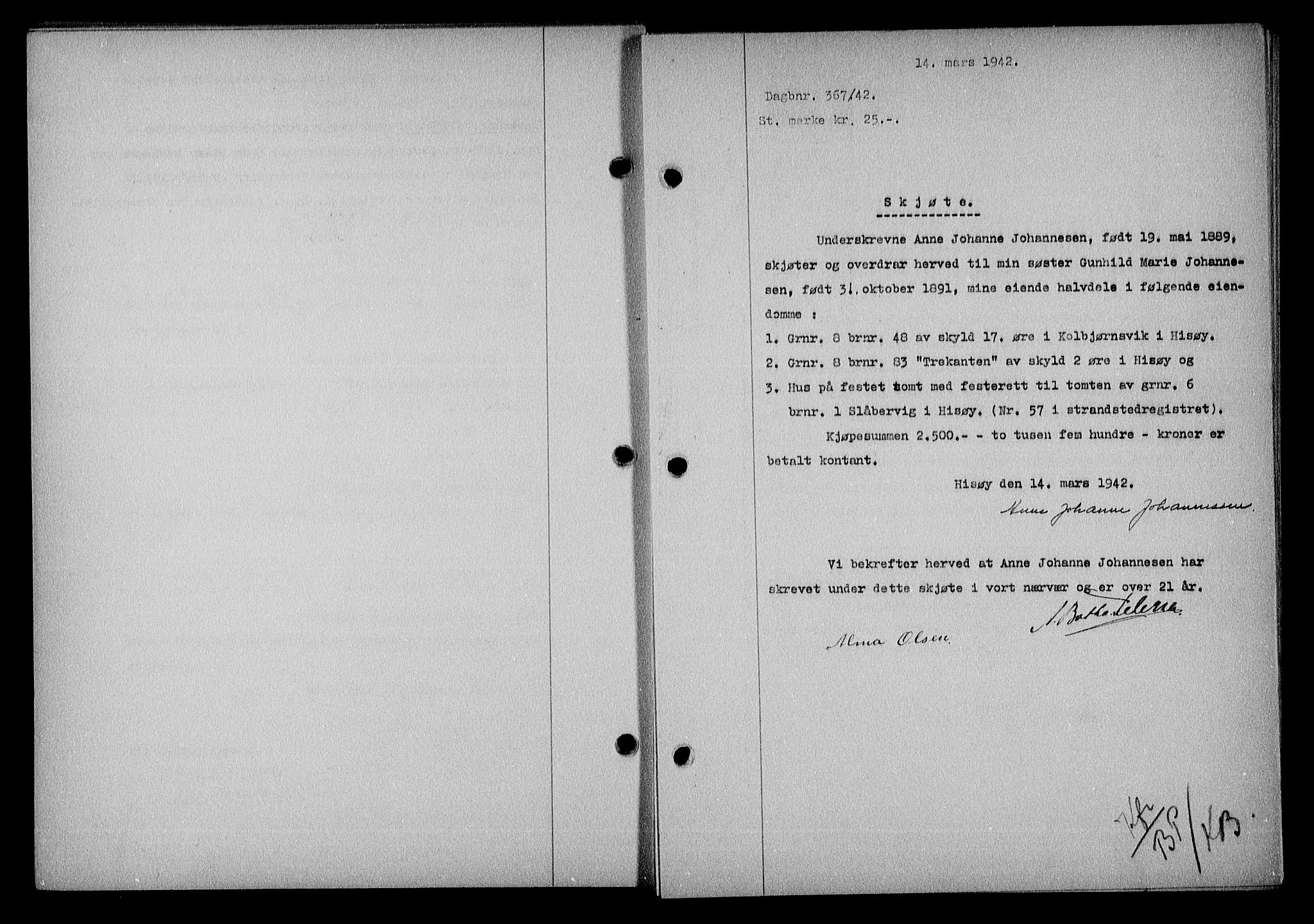Nedenes sorenskriveri, SAK/1221-0006/G/Gb/Gba/L0049: Mortgage book no. A-III, 1941-1942, Diary no: : 367/1942