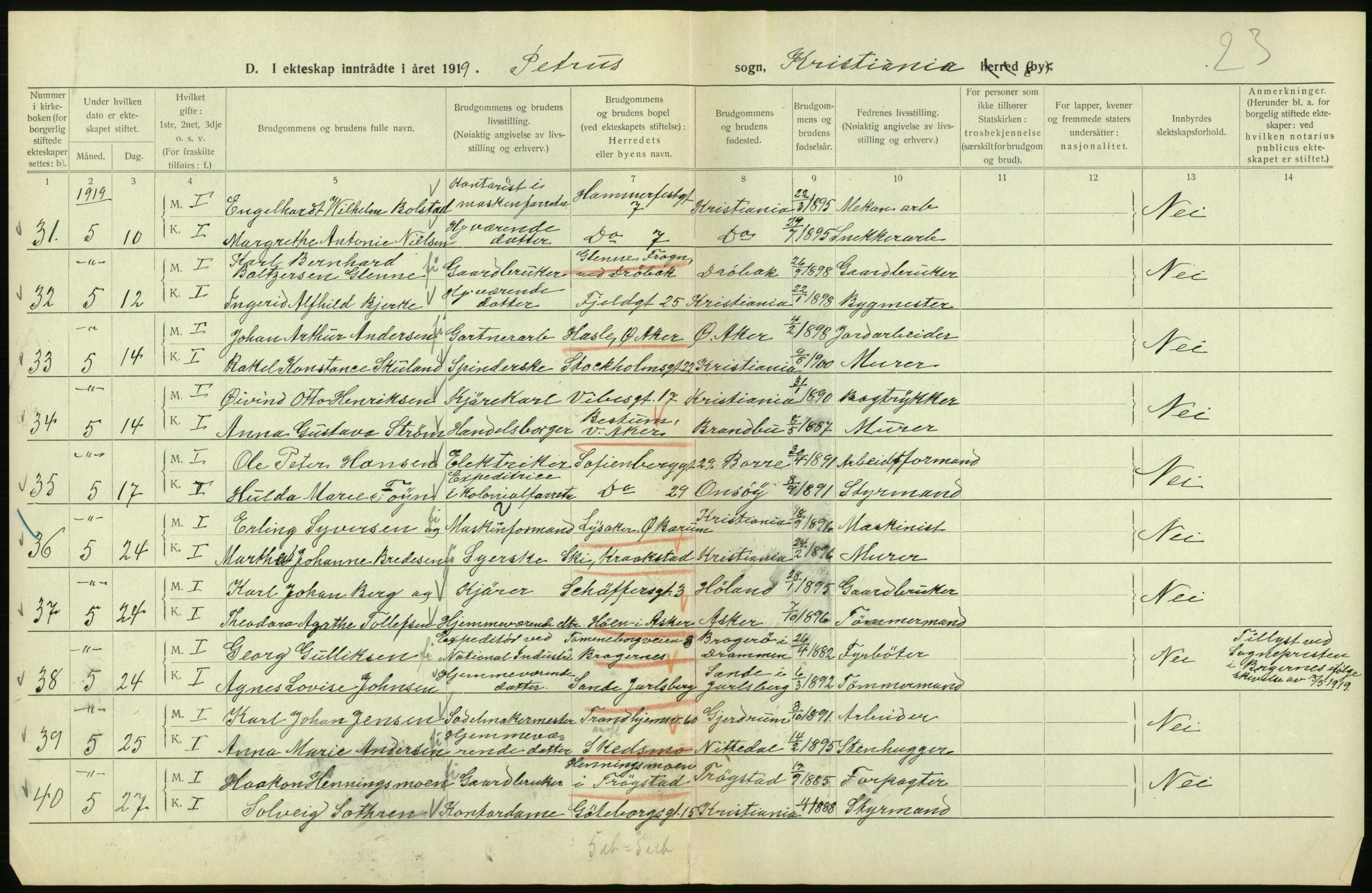 Statistisk sentralbyrå, Sosiodemografiske emner, Befolkning, AV/RA-S-2228/D/Df/Dfb/Dfbi/L0009: Kristiania: Gifte, 1919, p. 430