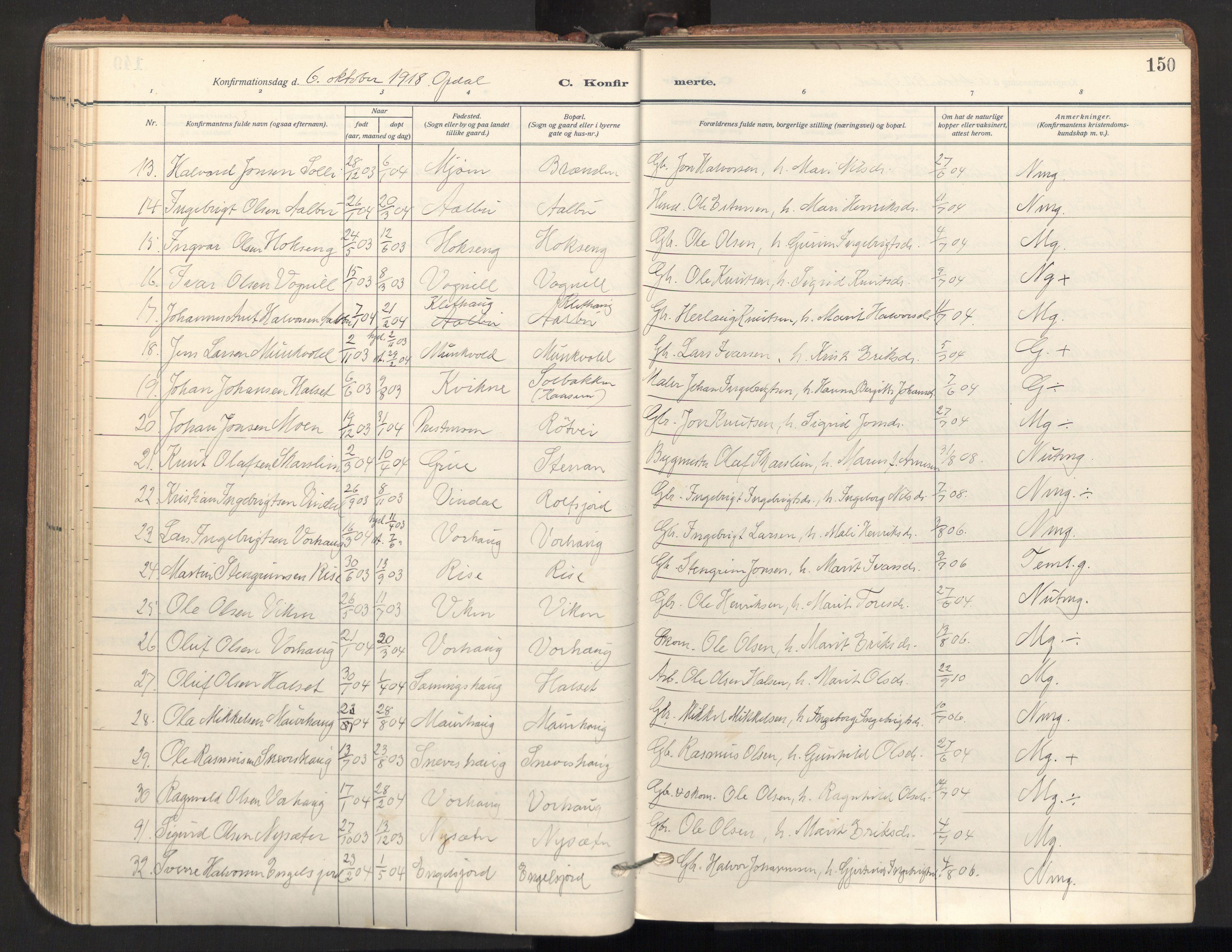 Ministerialprotokoller, klokkerbøker og fødselsregistre - Sør-Trøndelag, SAT/A-1456/678/L0909: Parish register (official) no. 678A17, 1912-1930, p. 150