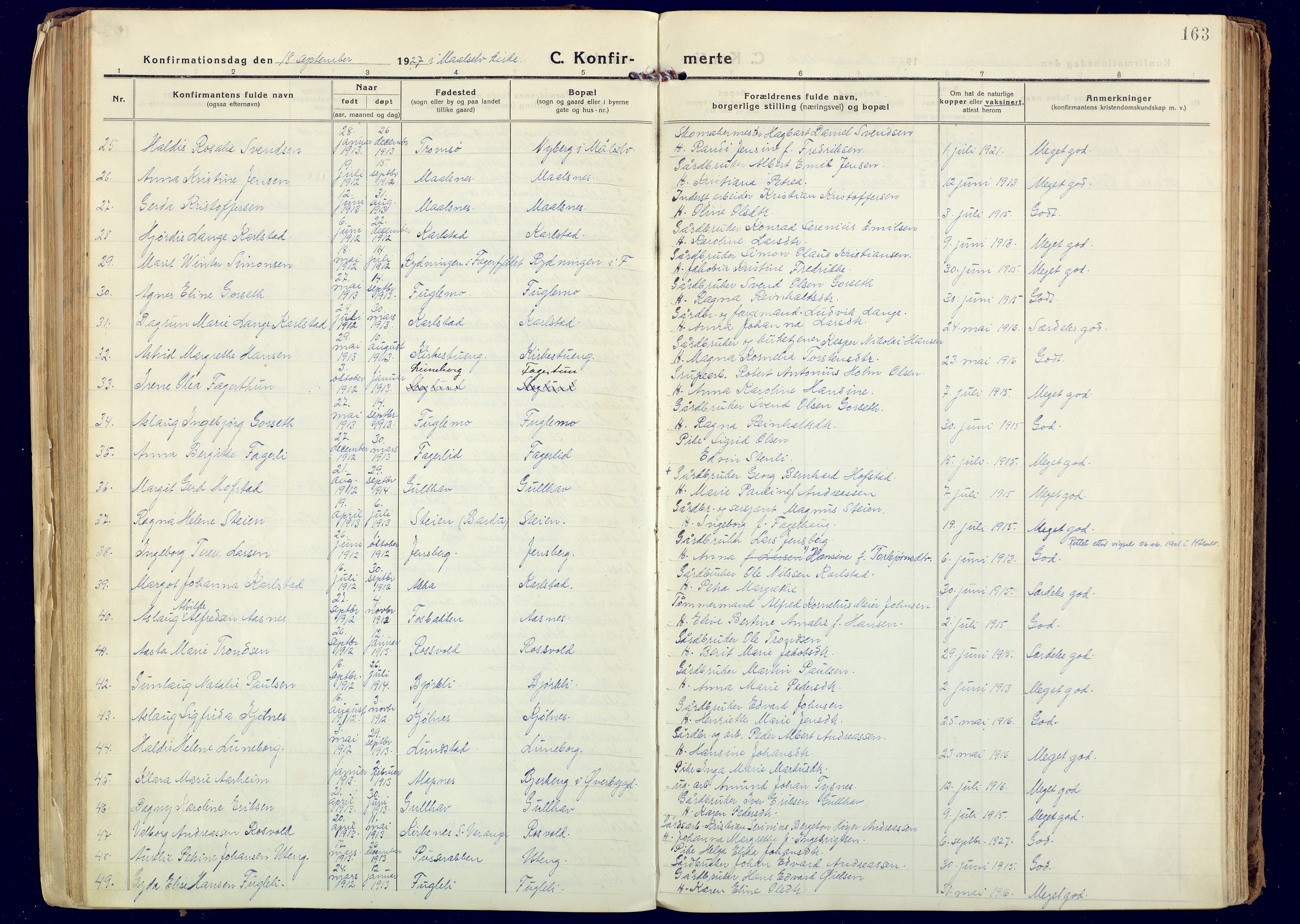 Målselv sokneprestembete, SATØ/S-1311/G/Ga/Gaa/L0014kirke: Parish register (official) no. 14, 1919-1932, p. 163