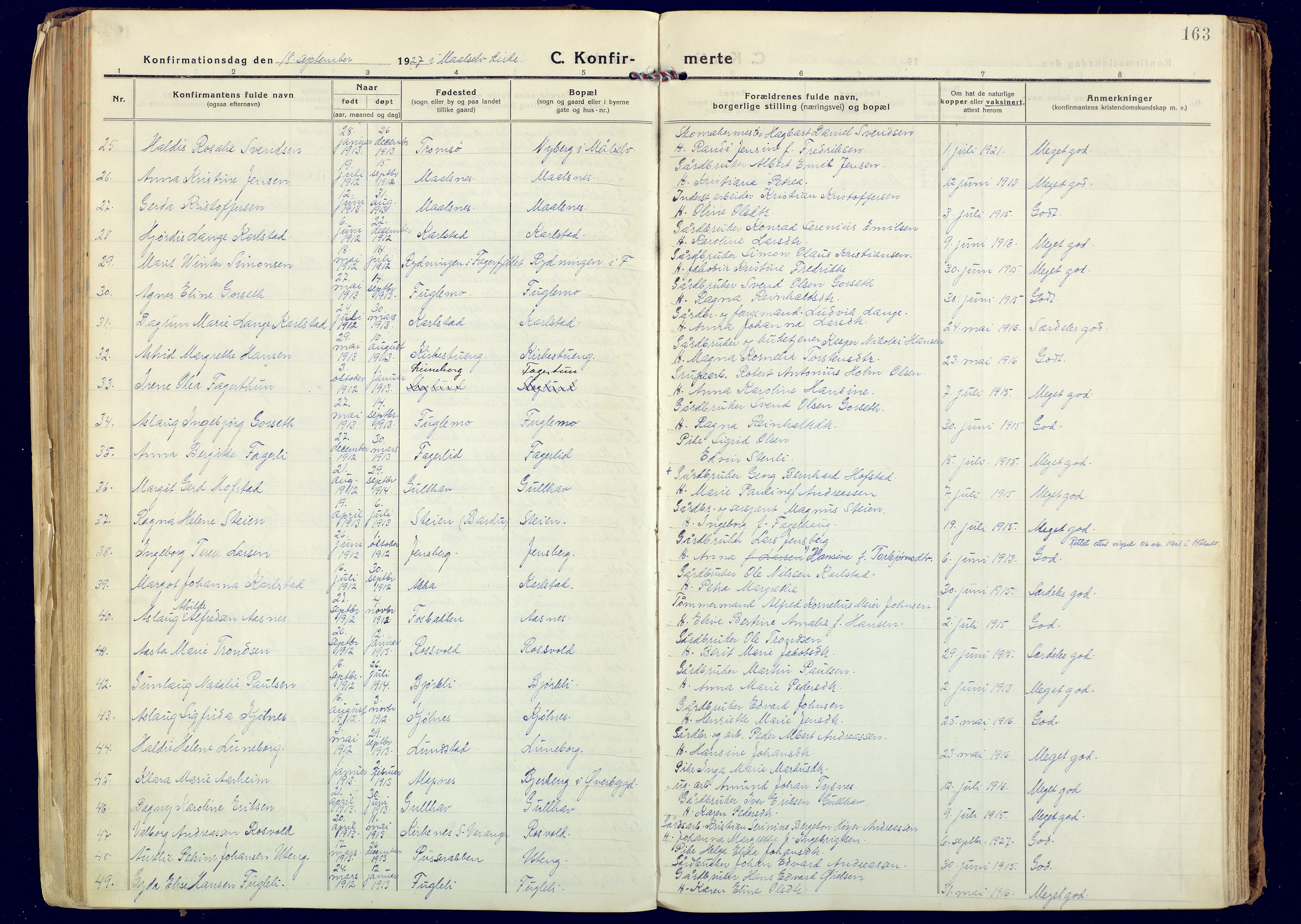 Målselv sokneprestembete, AV/SATØ-S-1311/G/Ga/Gaa/L0014kirke: Parish register (official) no. 14, 1919-1932, p. 163