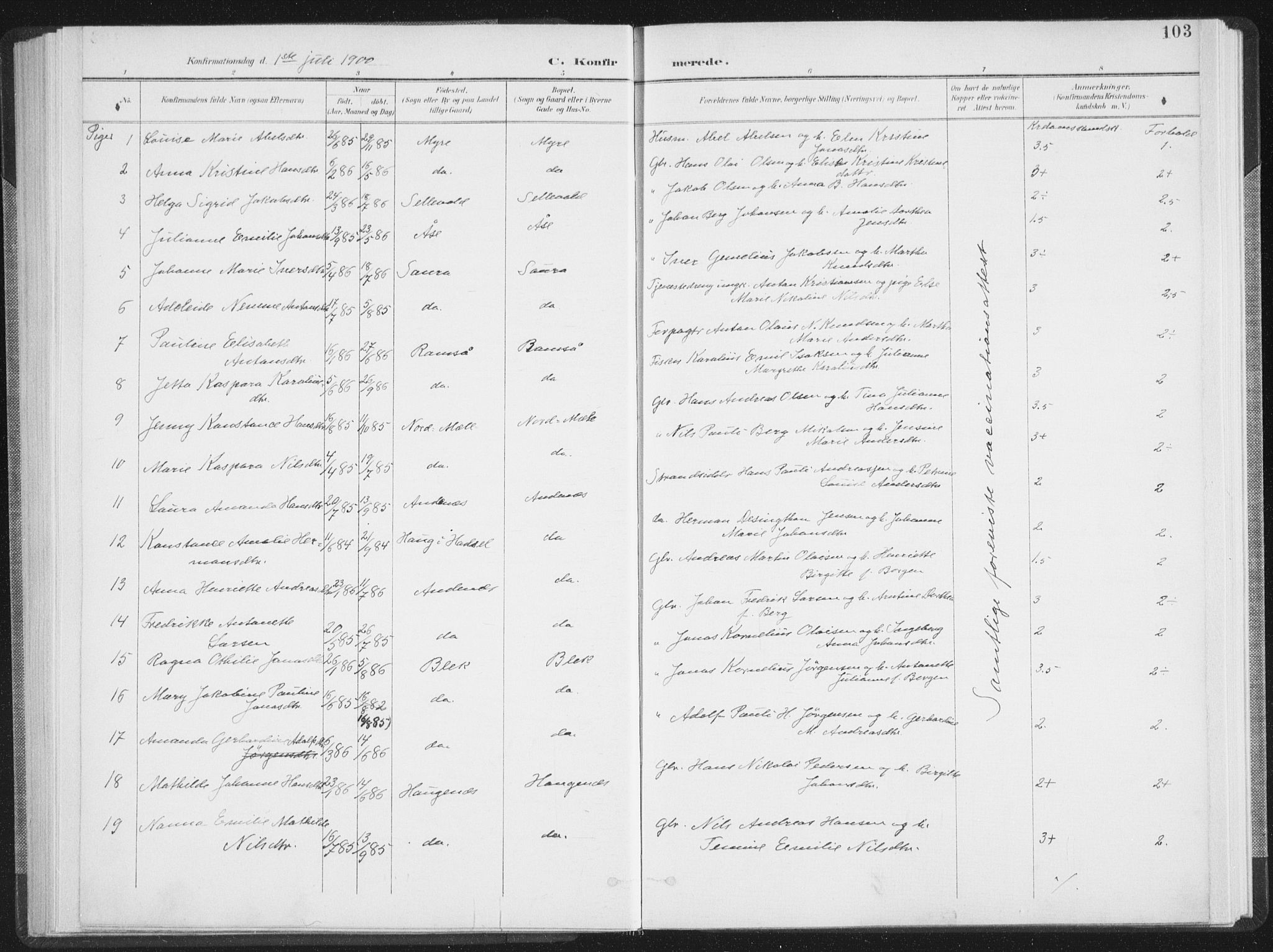 Ministerialprotokoller, klokkerbøker og fødselsregistre - Nordland, AV/SAT-A-1459/897/L1400: Parish register (official) no. 897A07, 1897-1908, p. 103