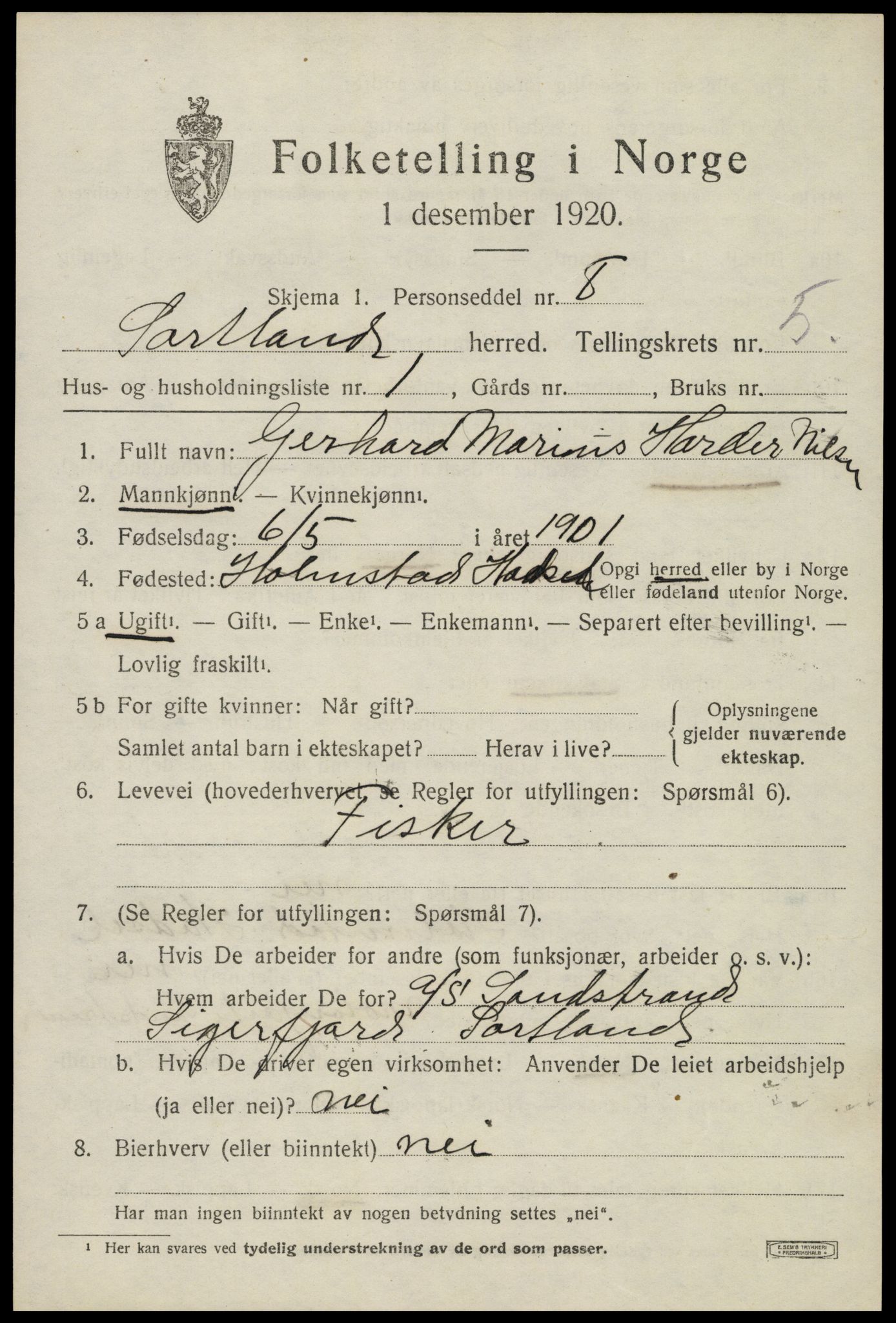 SAT, 1920 census for Sortland, 1920, p. 5486