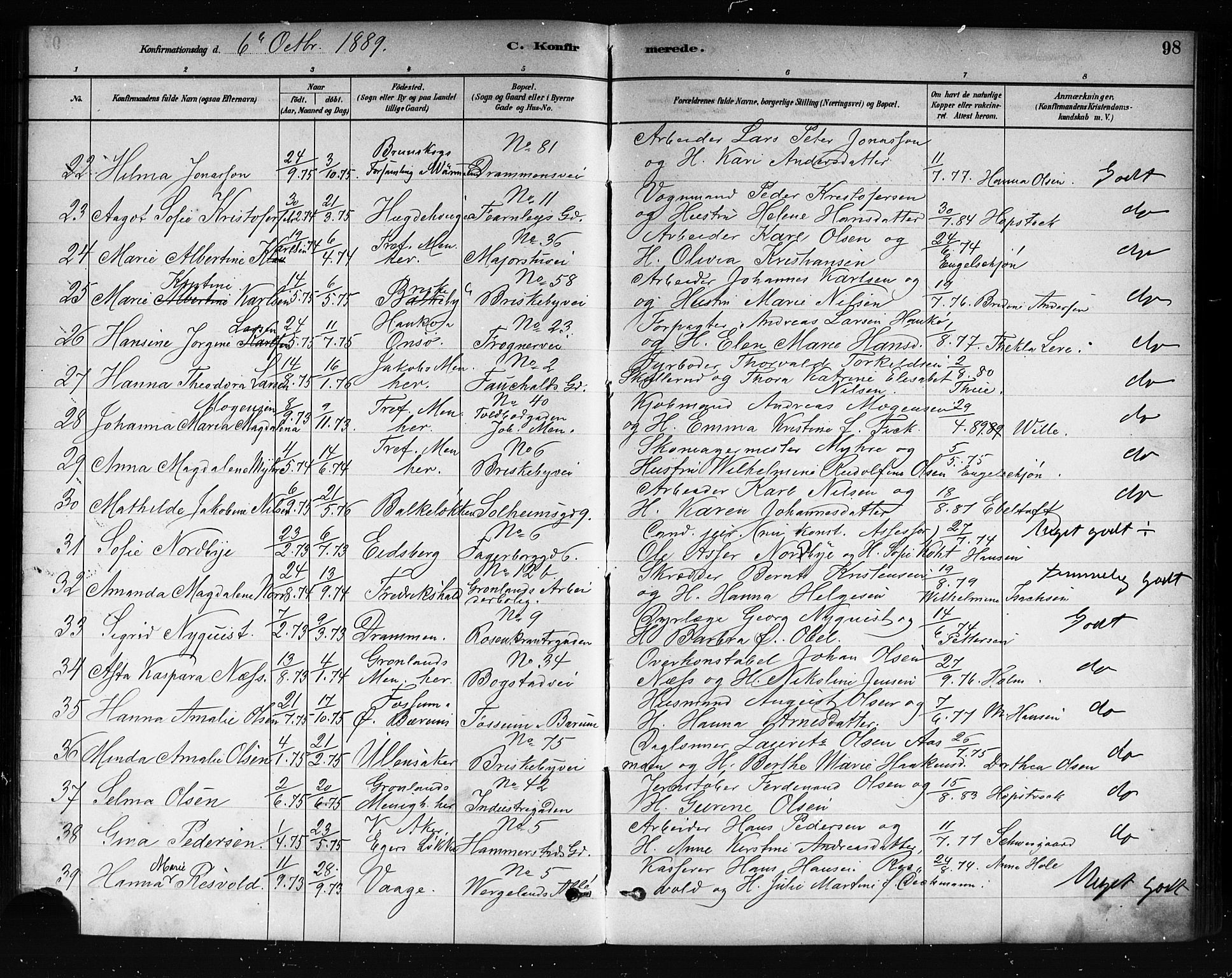 Uranienborg prestekontor Kirkebøker, SAO/A-10877/F/Fa/L0002: Parish register (official) no. 2, 1880-1896, p. 98