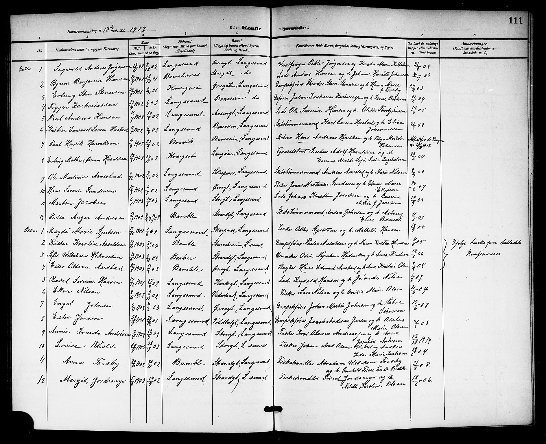 Langesund kirkebøker, SAKO/A-280/G/Ga/L0006: Parish register (copy) no. 6, 1899-1918, p. 111