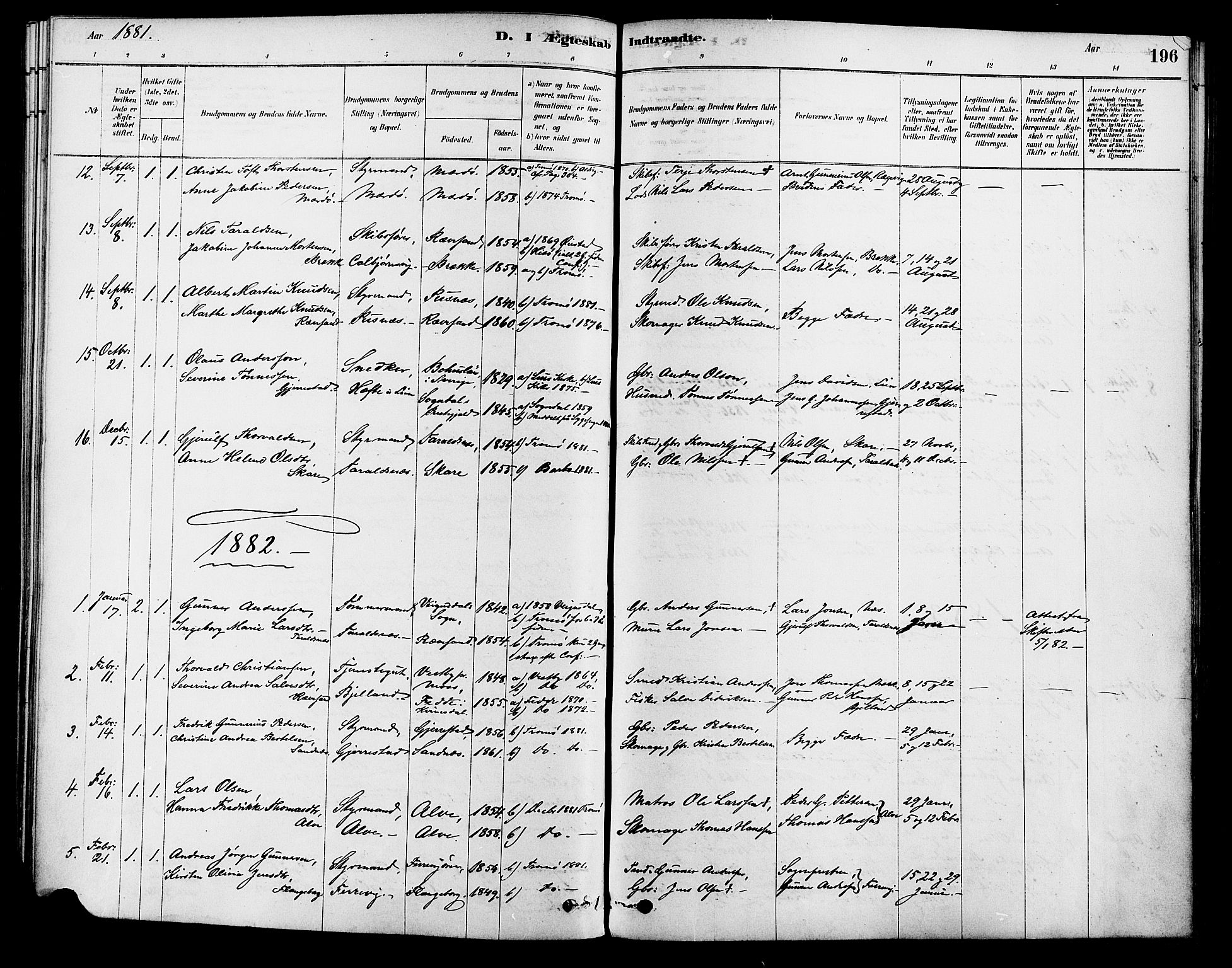 Tromøy sokneprestkontor, AV/SAK-1111-0041/F/Fa/L0009: Parish register (official) no. A 9, 1878-1896, p. 196