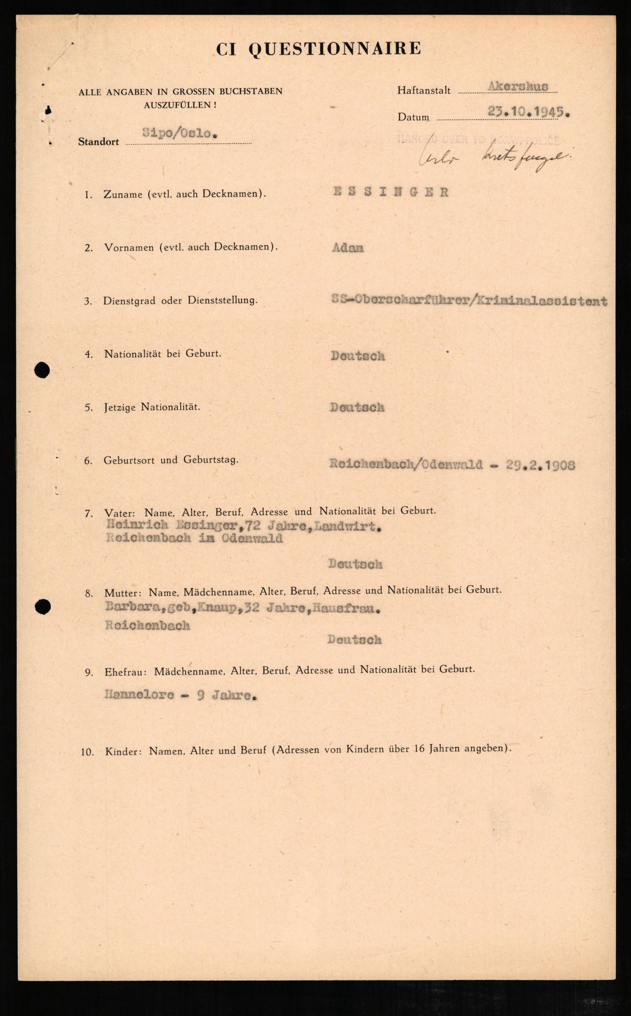 Forsvaret, Forsvarets overkommando II, AV/RA-RAFA-3915/D/Db/L0007: CI Questionaires. Tyske okkupasjonsstyrker i Norge. Tyskere., 1945-1946, p. 267