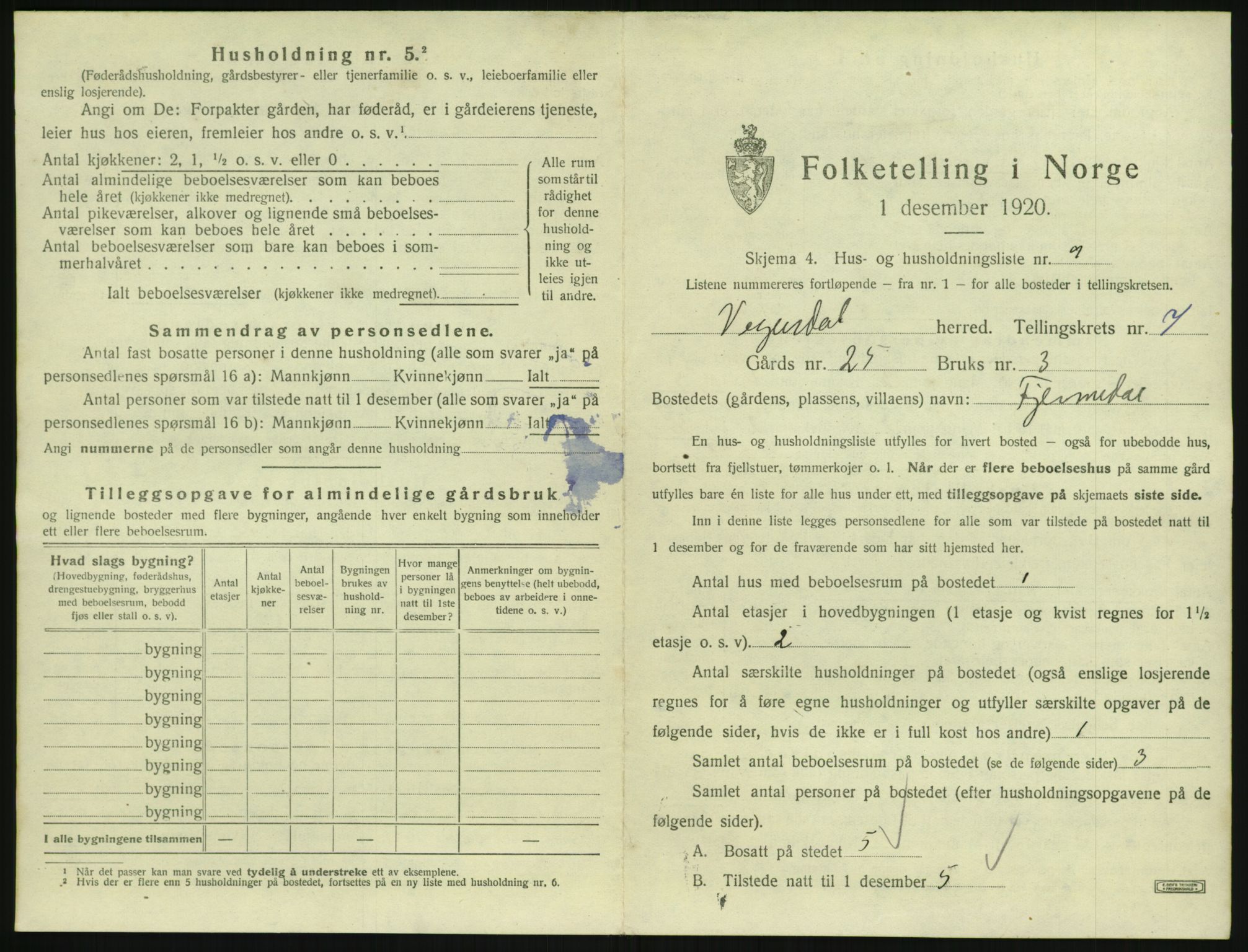 SAK, 1920 census for Vegusdal, 1920, p. 291