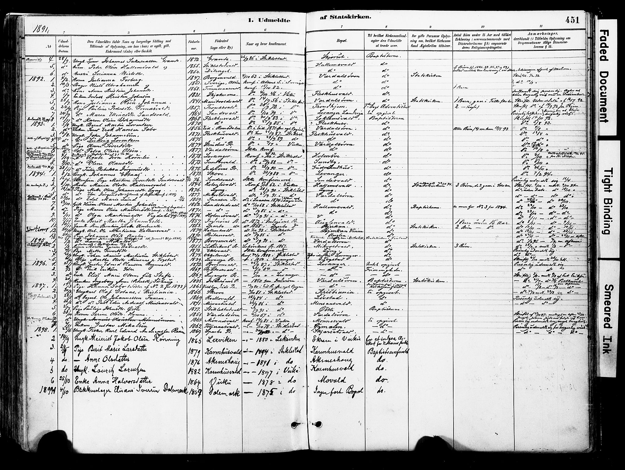 Ministerialprotokoller, klokkerbøker og fødselsregistre - Nord-Trøndelag, AV/SAT-A-1458/723/L0244: Parish register (official) no. 723A13, 1881-1899, p. 451