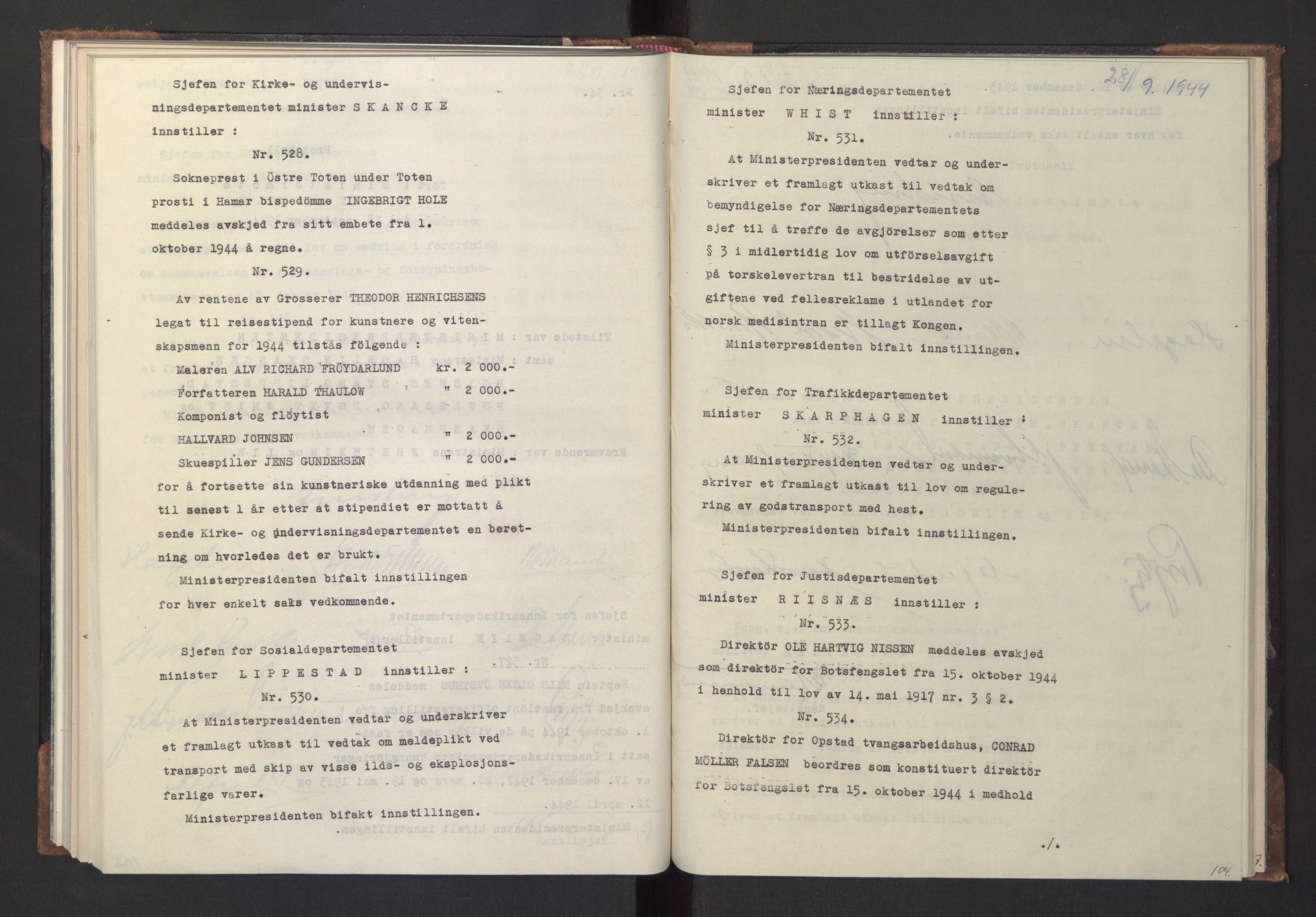 NS-administrasjonen 1940-1945 (Statsrådsekretariatet, de kommisariske statsråder mm), RA/S-4279/D/Da/L0005: Protokoll fra ministermøter, 1944, p. 106