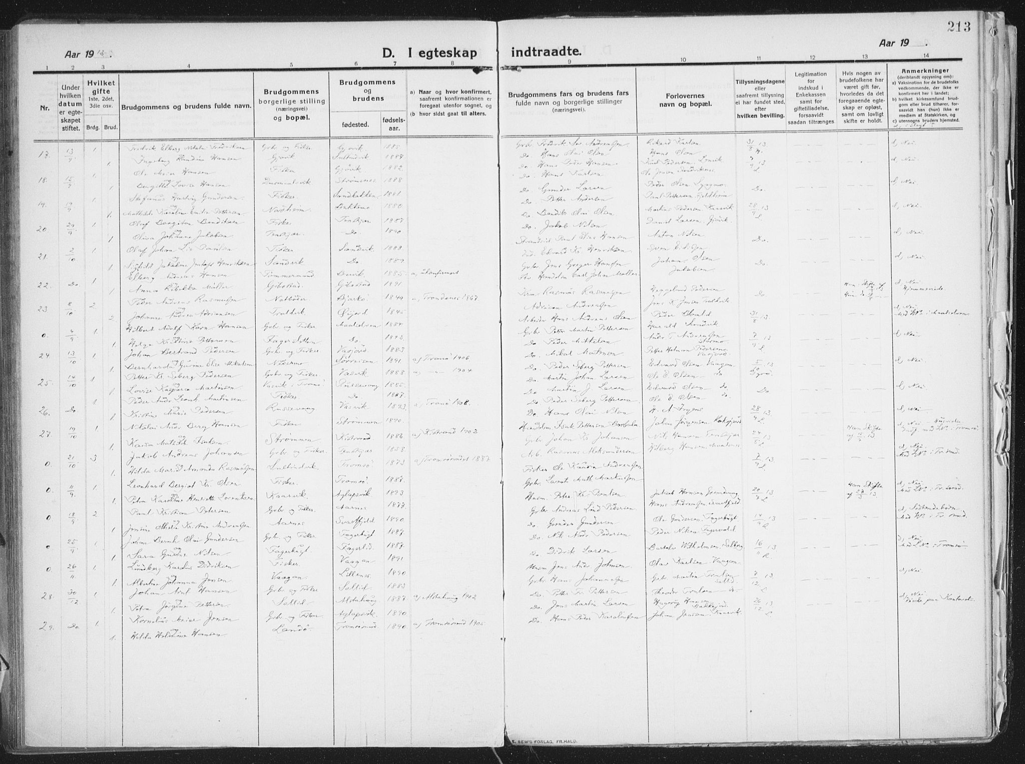 Lenvik sokneprestembete, SATØ/S-1310/H/Ha/Haa/L0016kirke: Parish register (official) no. 16, 1910-1924, p. 213