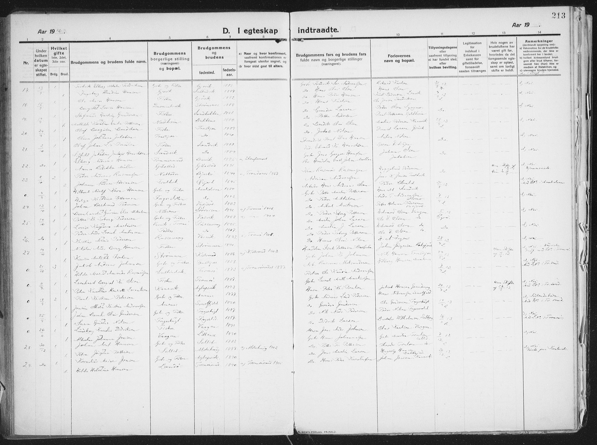 Lenvik sokneprestembete, AV/SATØ-S-1310/H/Ha/Haa/L0016kirke: Parish register (official) no. 16, 1910-1924, p. 213