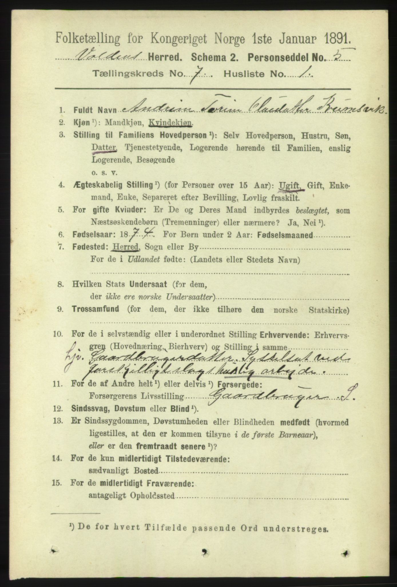 RA, 1891 census for 1519 Volda, 1891, p. 3354