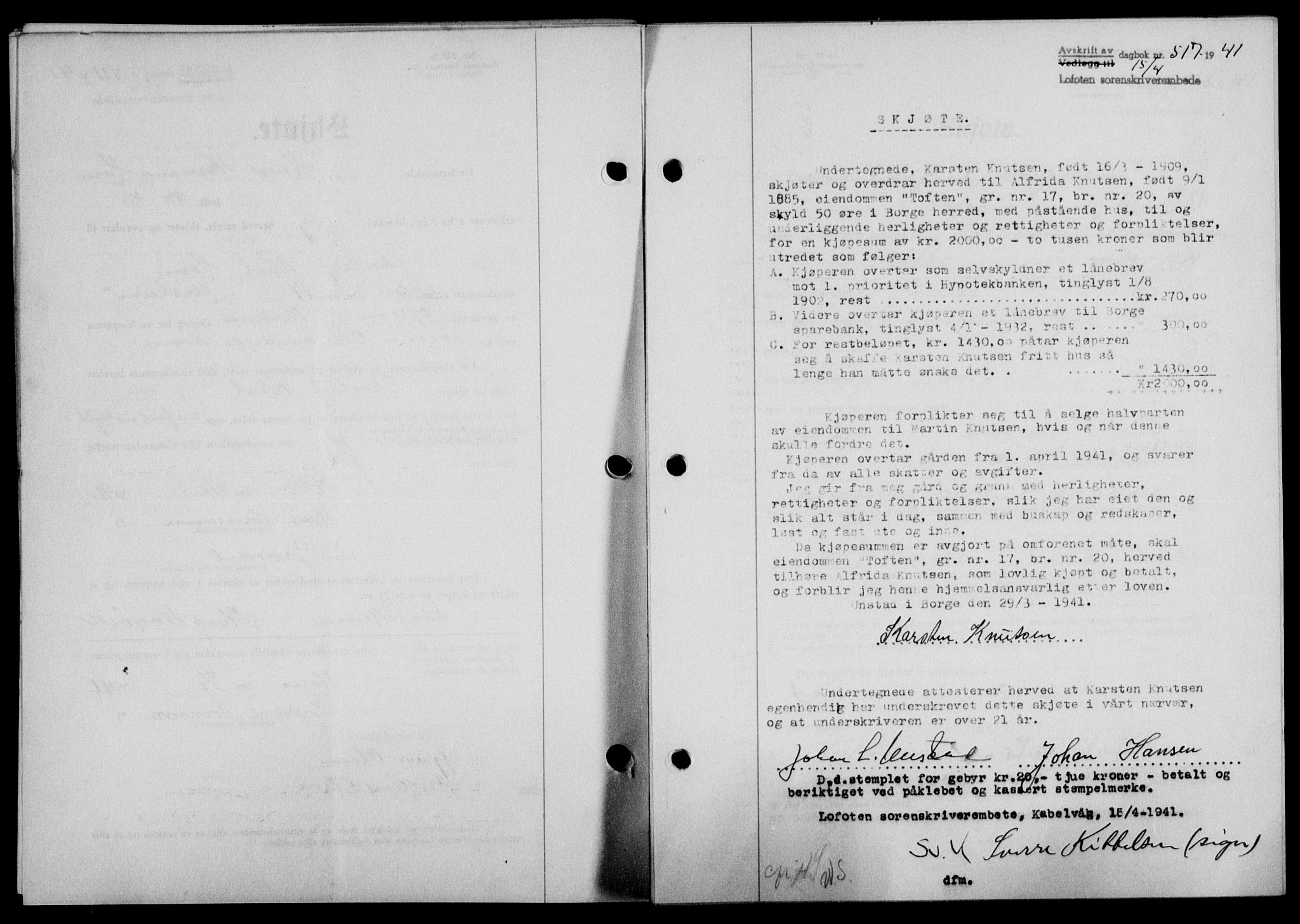 Lofoten sorenskriveri, SAT/A-0017/1/2/2C/L0008a: Mortgage book no. 8a, 1940-1941, Diary no: : 517/1941