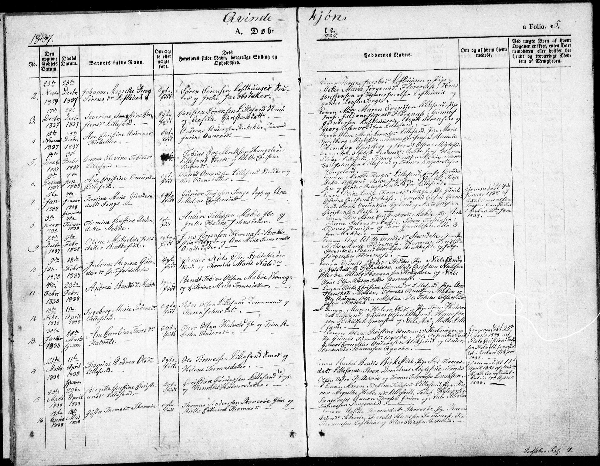 Vestre Moland sokneprestkontor, AV/SAK-1111-0046/F/Fb/Fbb/L0002: Parish register (copy) no. B 2, 1836-1851, p. 5