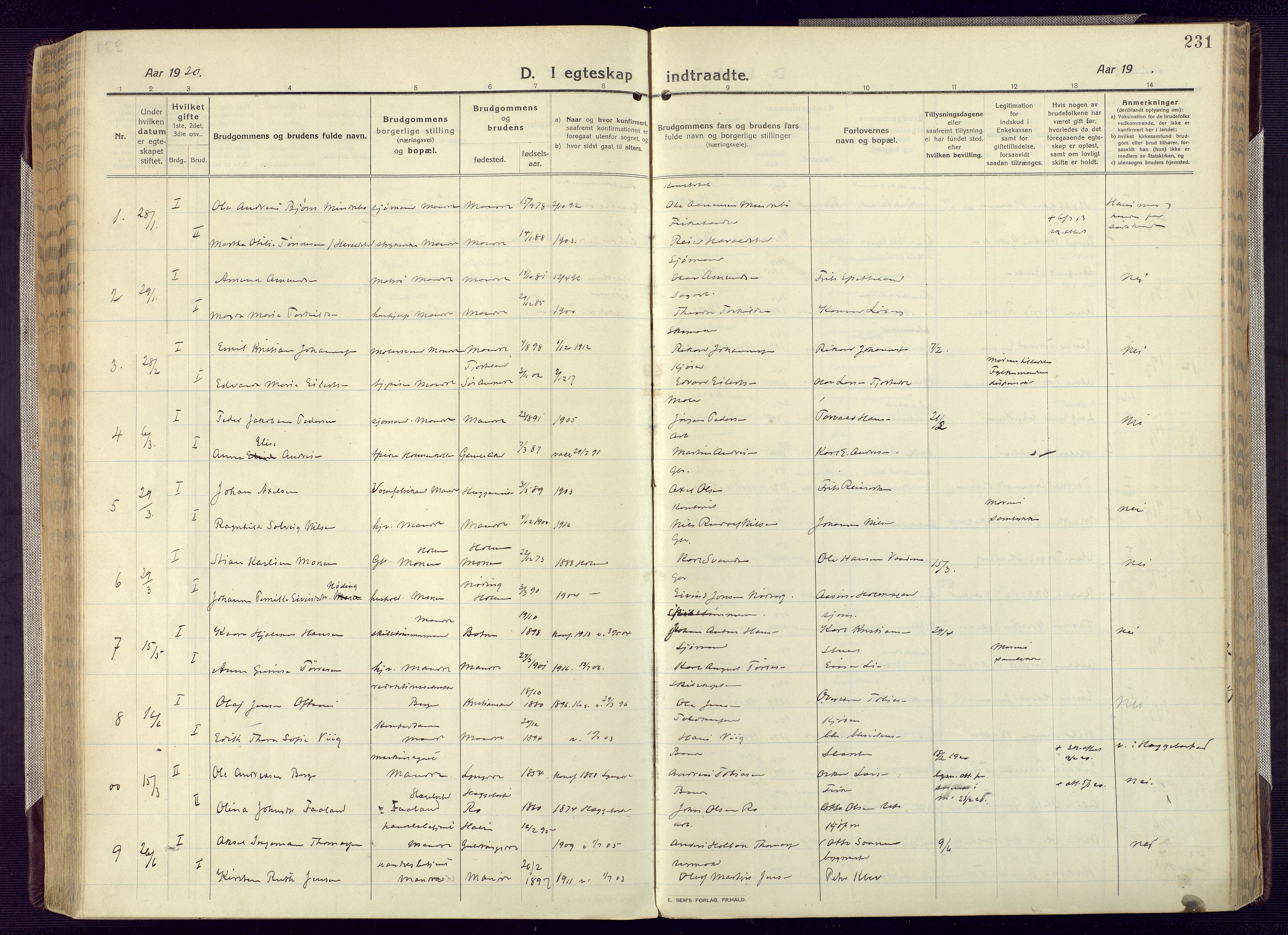 Mandal sokneprestkontor, SAK/1111-0030/F/Fa/Fac/L0001: Parish register (official) no. A 1, 1913-1925, p. 231