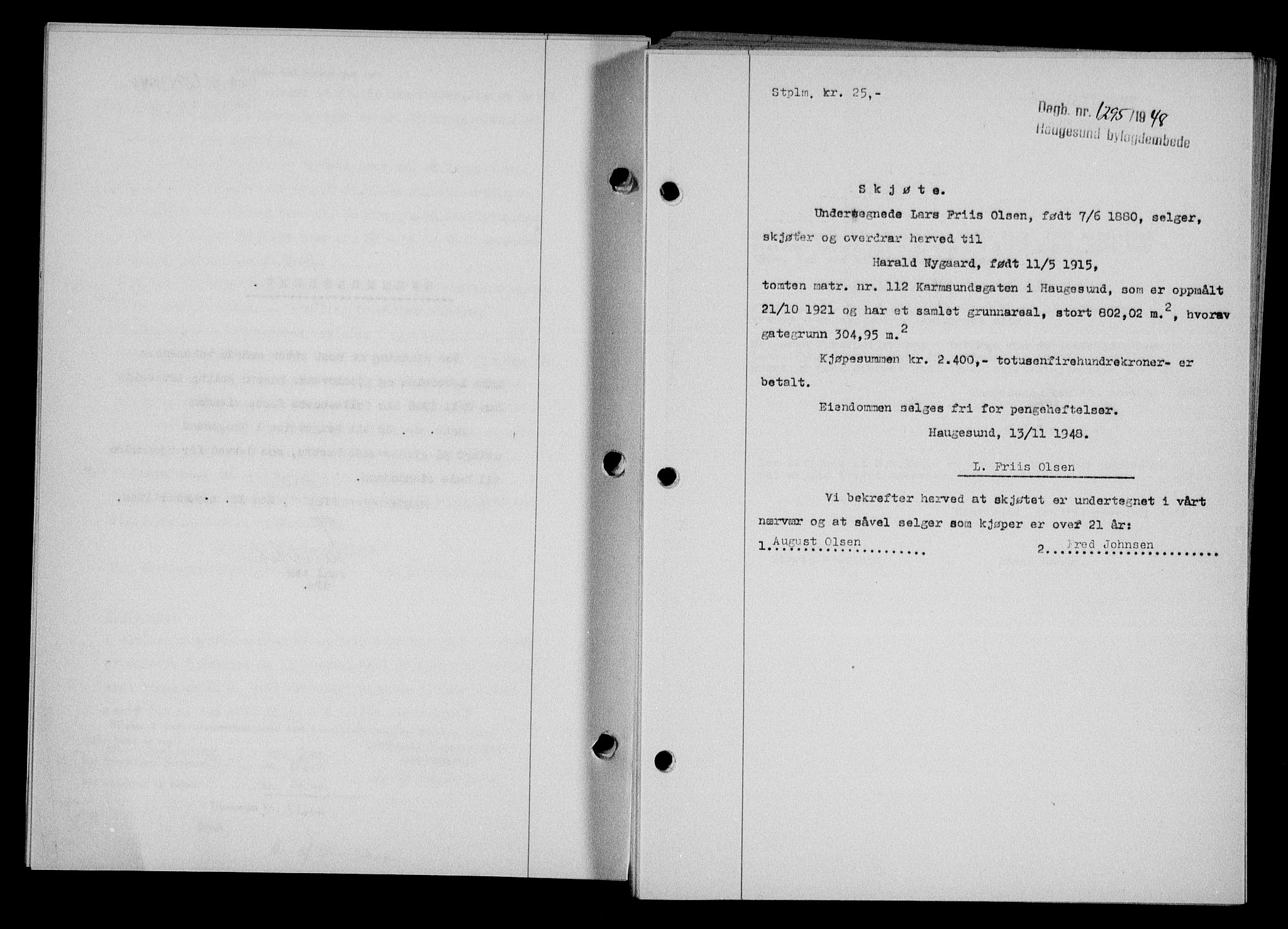 Haugesund tingrett, SAST/A-101415/01/II/IIC/L0063: Mortgage book no. A 4, 1946-1948, Diary no: : 1295/1948