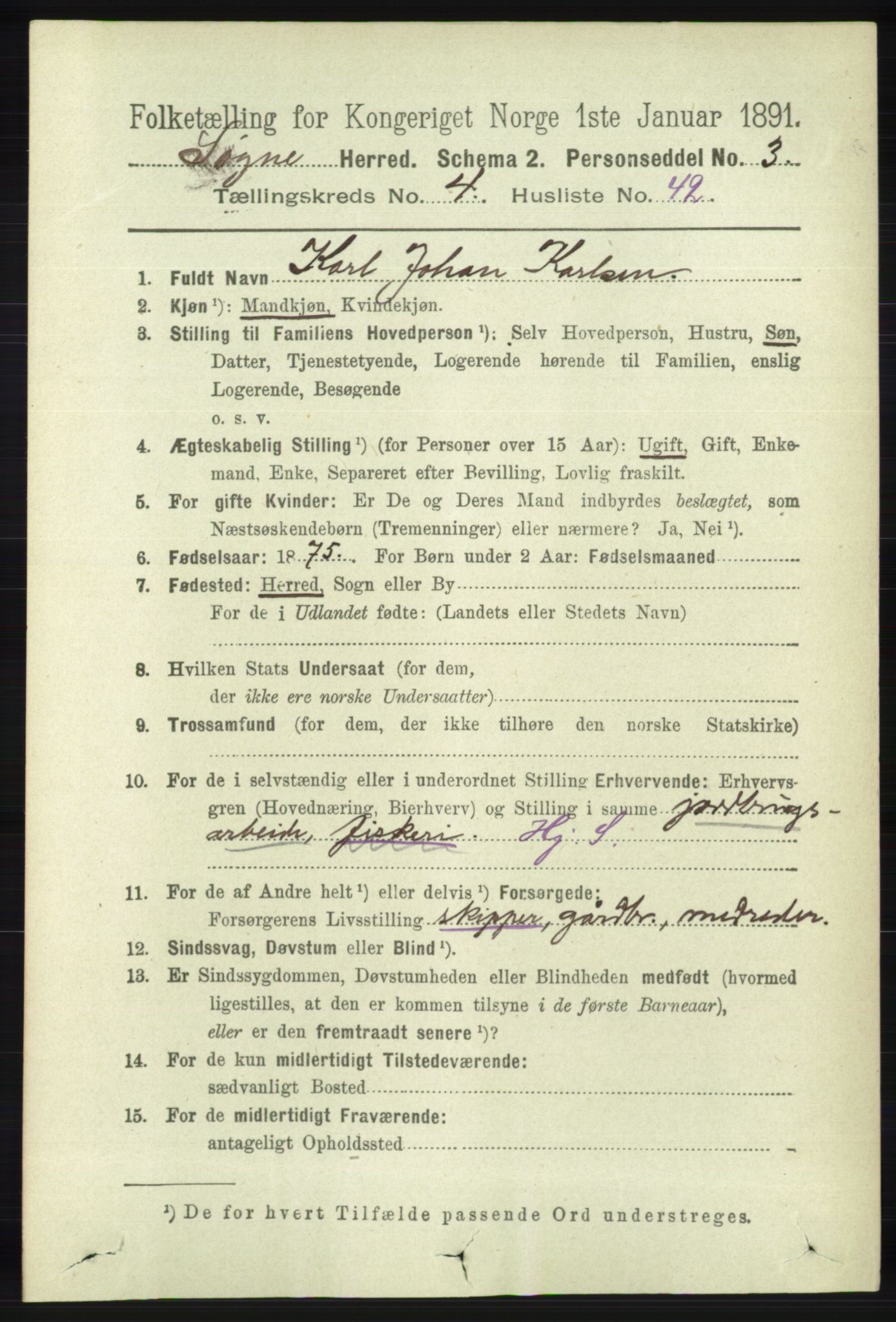 RA, 1891 census for 1018 Søgne, 1891, p. 819