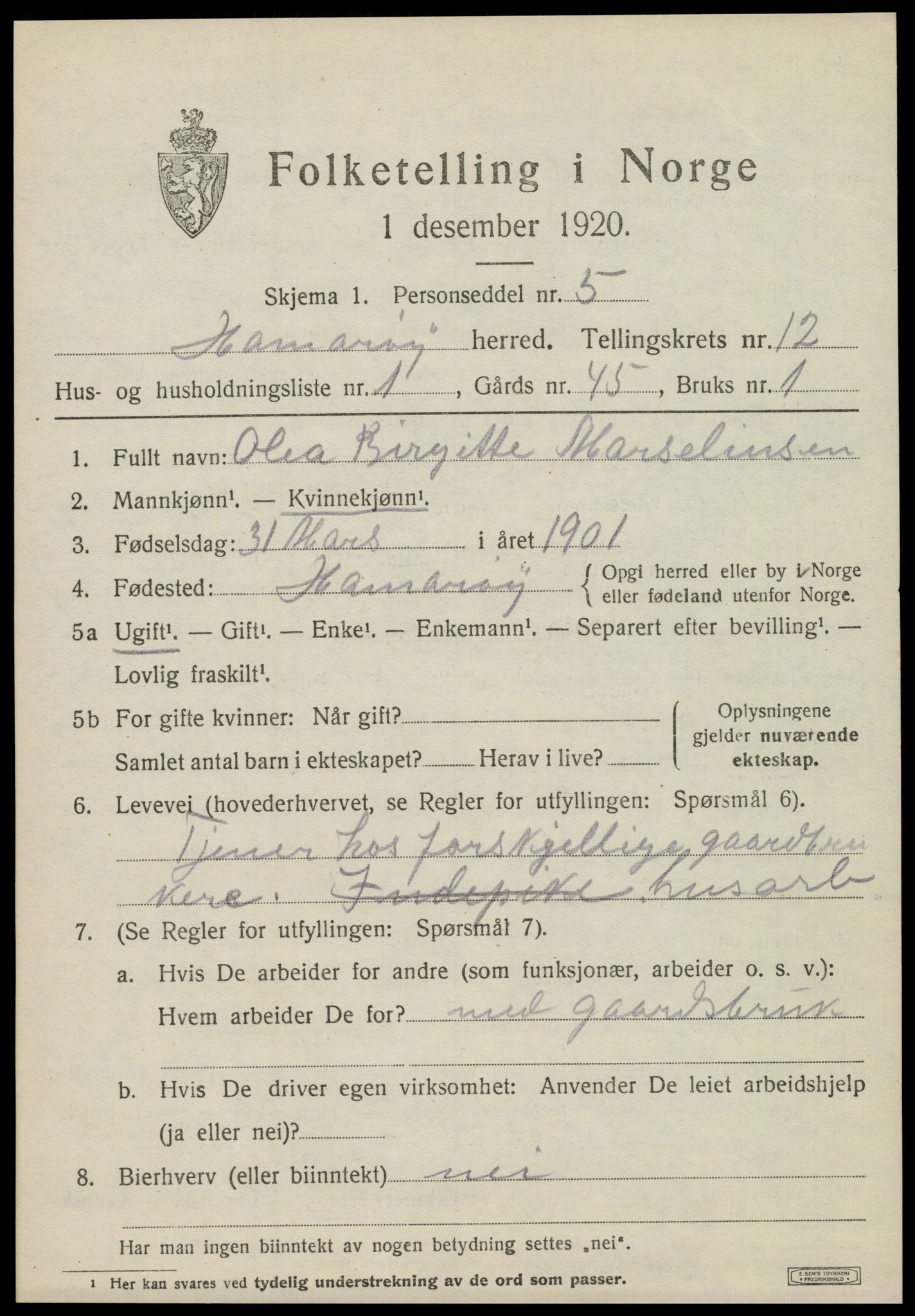 SAT, 1920 census for Hamarøy, 1920, p. 5682