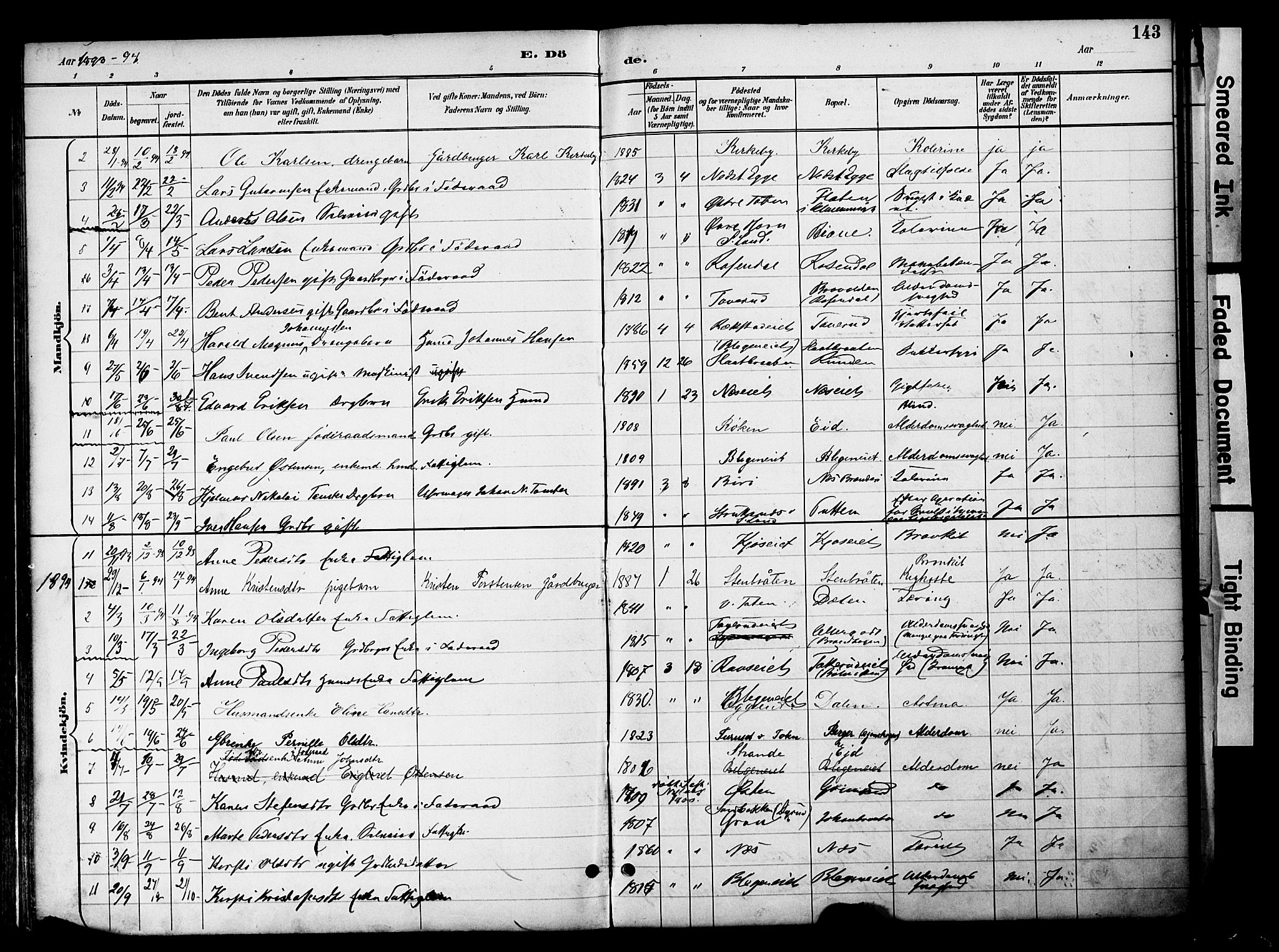 Gran prestekontor, SAH/PREST-112/H/Ha/Haa/L0020: Parish register (official) no. 20, 1889-1899, p. 143