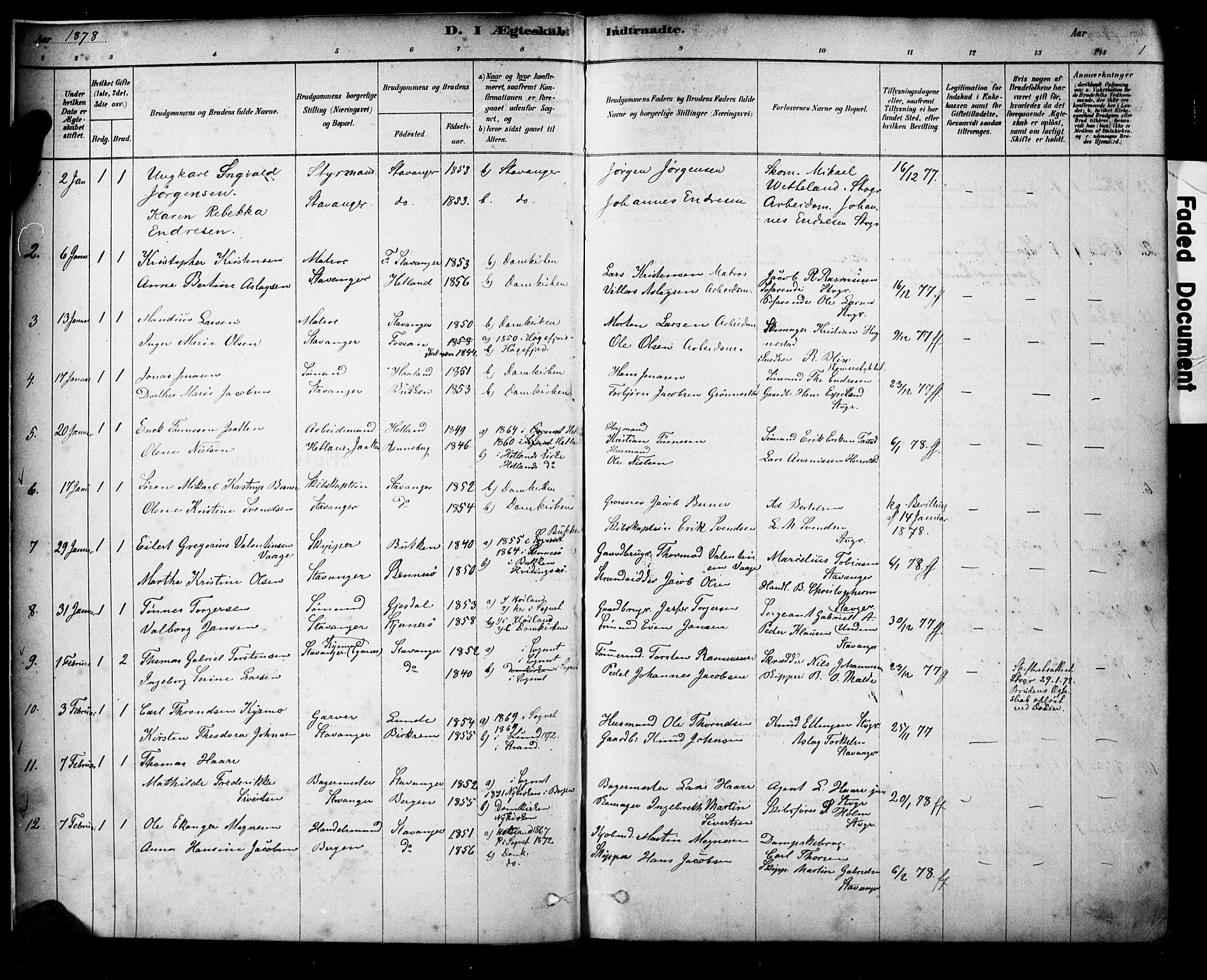 Domkirken sokneprestkontor, SAST/A-101812/001/30/30BA/L0029: Parish register (official) no. A 28, 1878-1904, p. 1