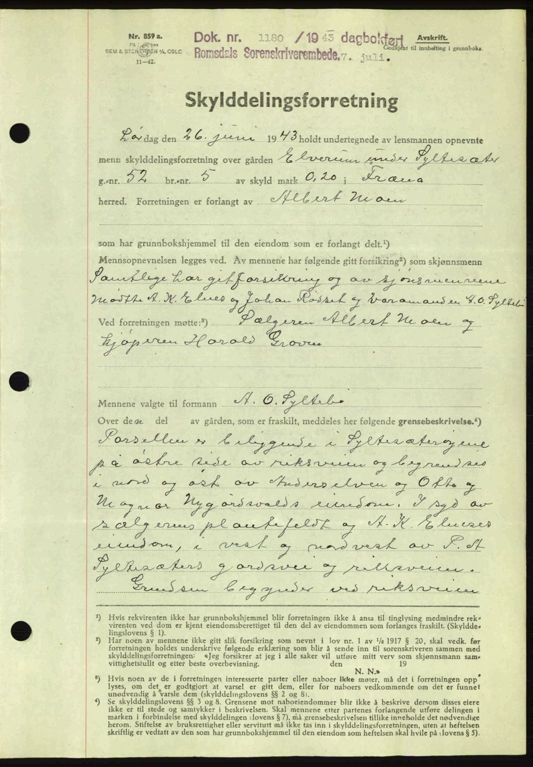 Romsdal sorenskriveri, AV/SAT-A-4149/1/2/2C: Mortgage book no. A14, 1943-1943, Diary no: : 1180/1943