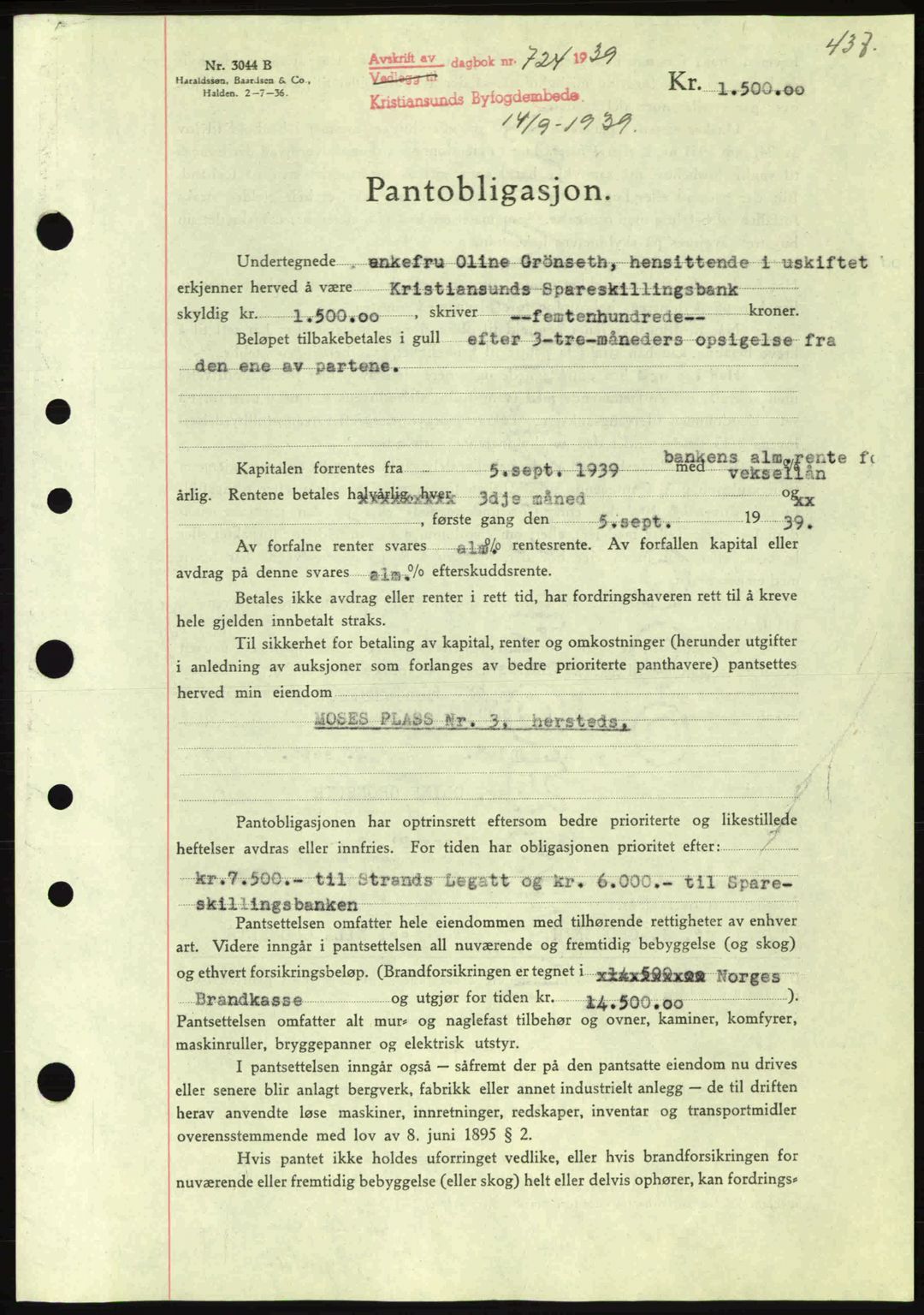 Kristiansund byfogd, SAT/A-4587/A/27: Mortgage book no. 31, 1938-1939, Diary no: : 724/1939