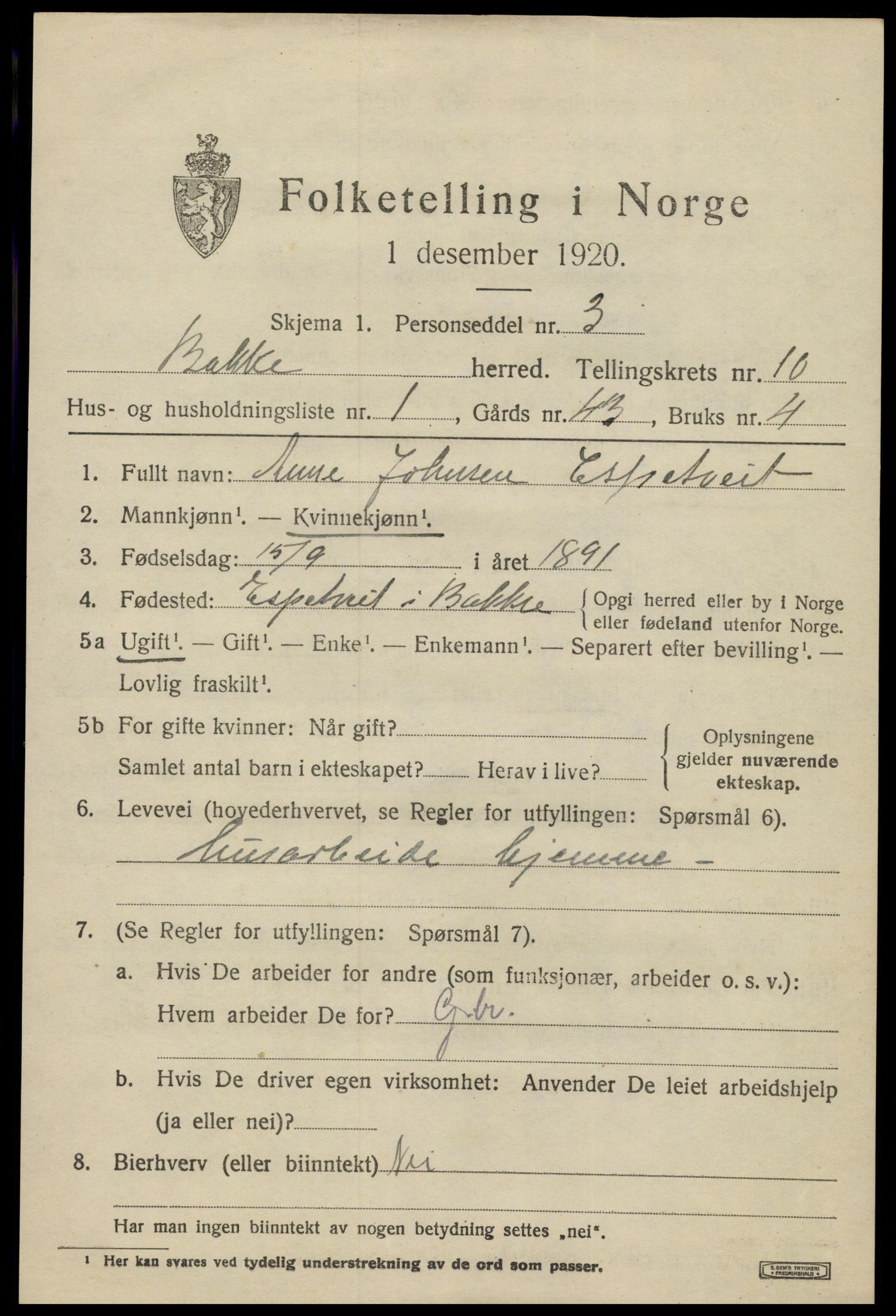 SAK, 1920 census for Bakke, 1920, p. 2570