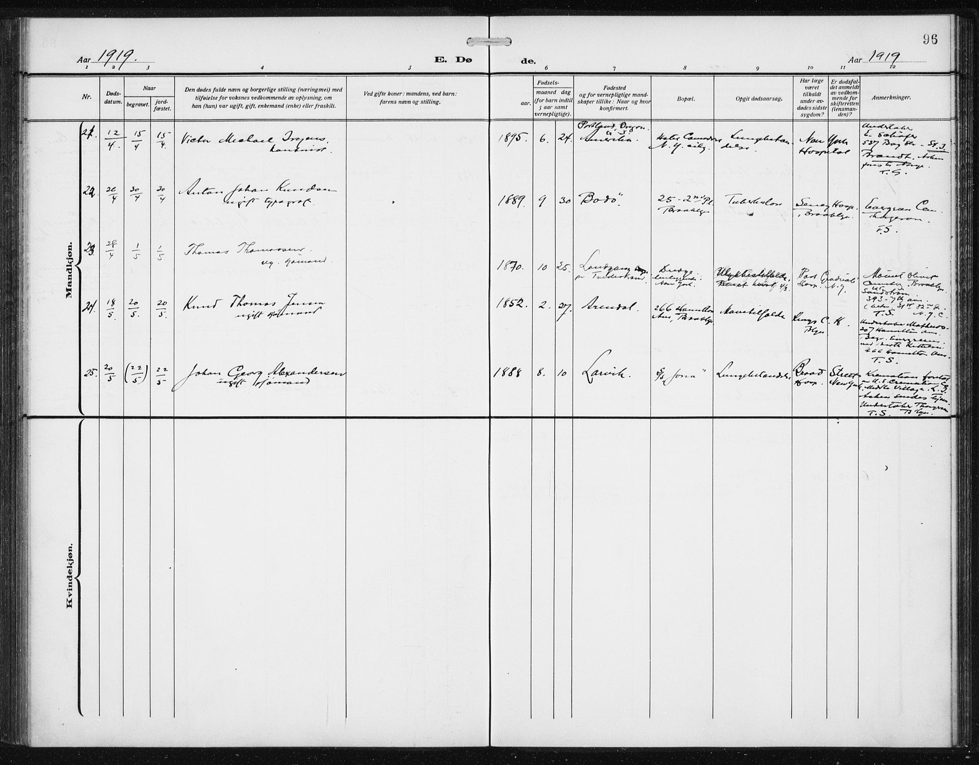 Den norske sjømannsmisjon i utlandet/New York, AV/SAB-SAB/PA-0110/H/Ha/L0007: Parish register (official) no. A 7, 1915-1923, p. 96