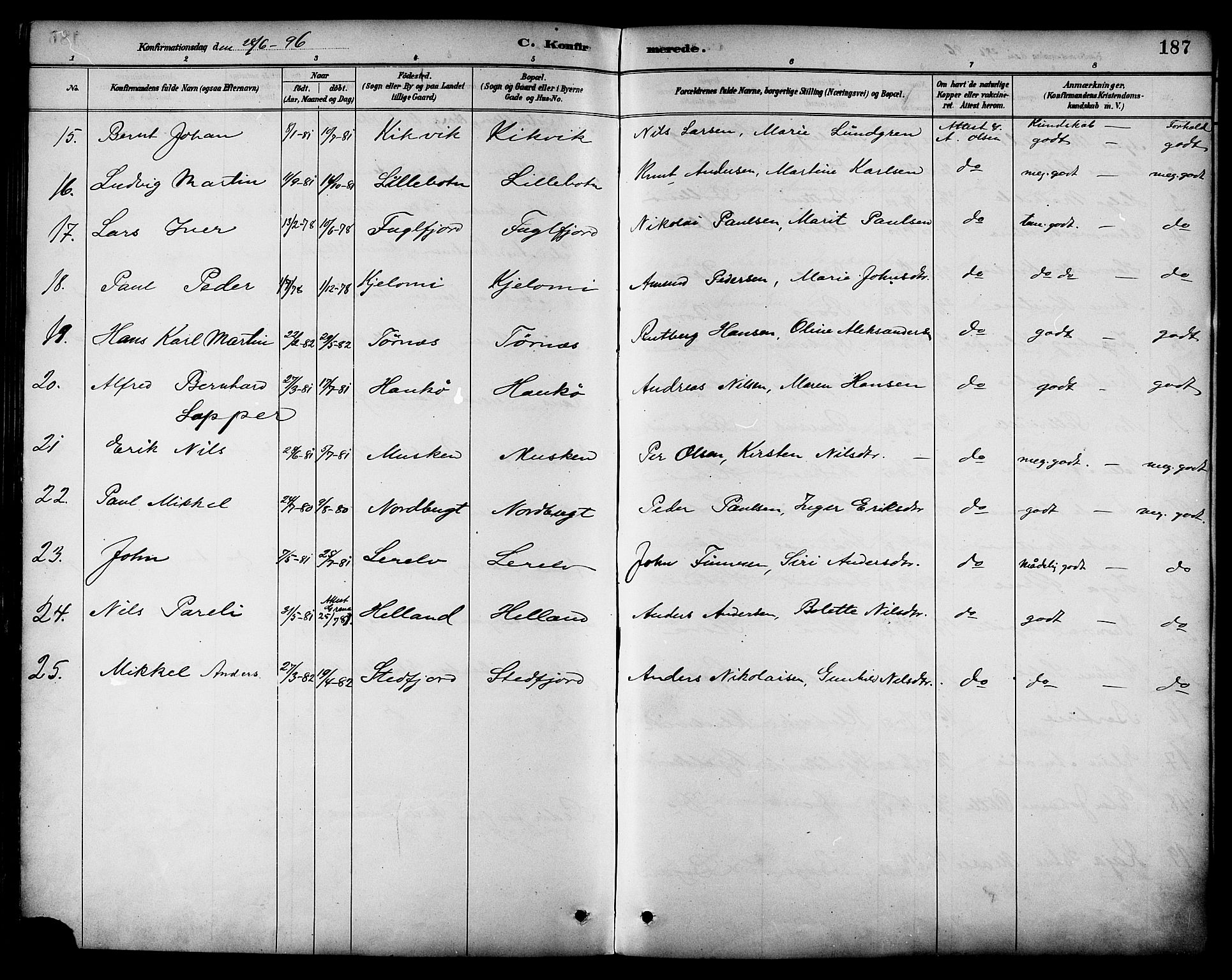 Ministerialprotokoller, klokkerbøker og fødselsregistre - Nordland, AV/SAT-A-1459/861/L0869: Parish register (official) no. 861A04, 1889-1903, p. 187