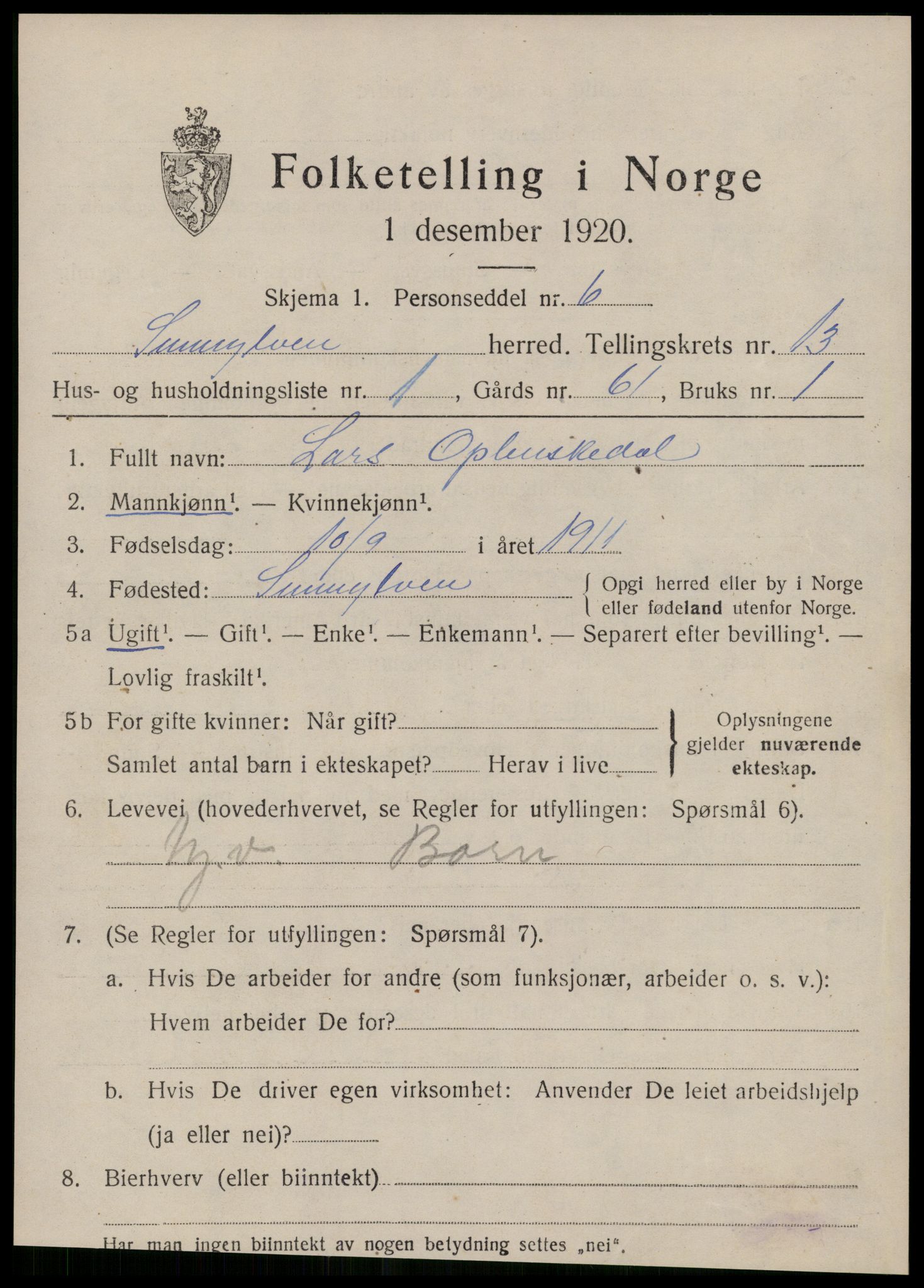 SAT, 1920 census for Sunnylven, 1920, p. 3660