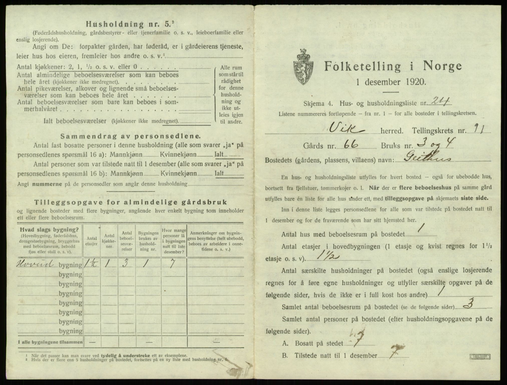 SAB, 1920 census for Vik, 1920, p. 1082