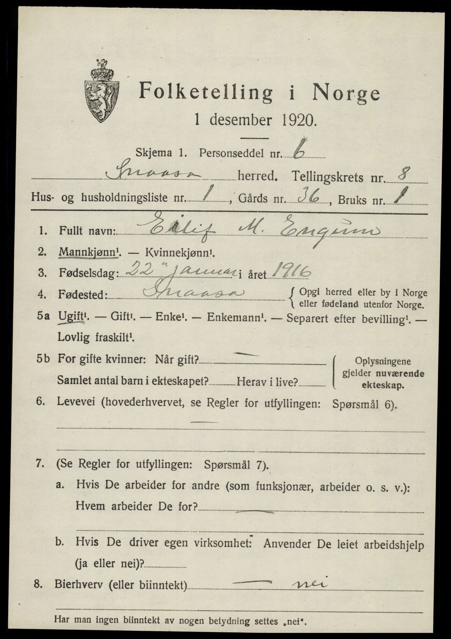 SAT, 1920 census for Snåsa, 1920, p. 3180